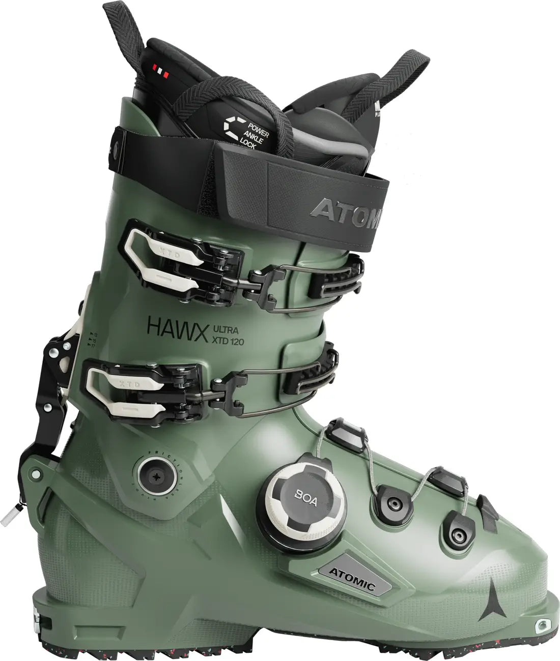 Green hybrid ski boot with Atomic branding on a white background