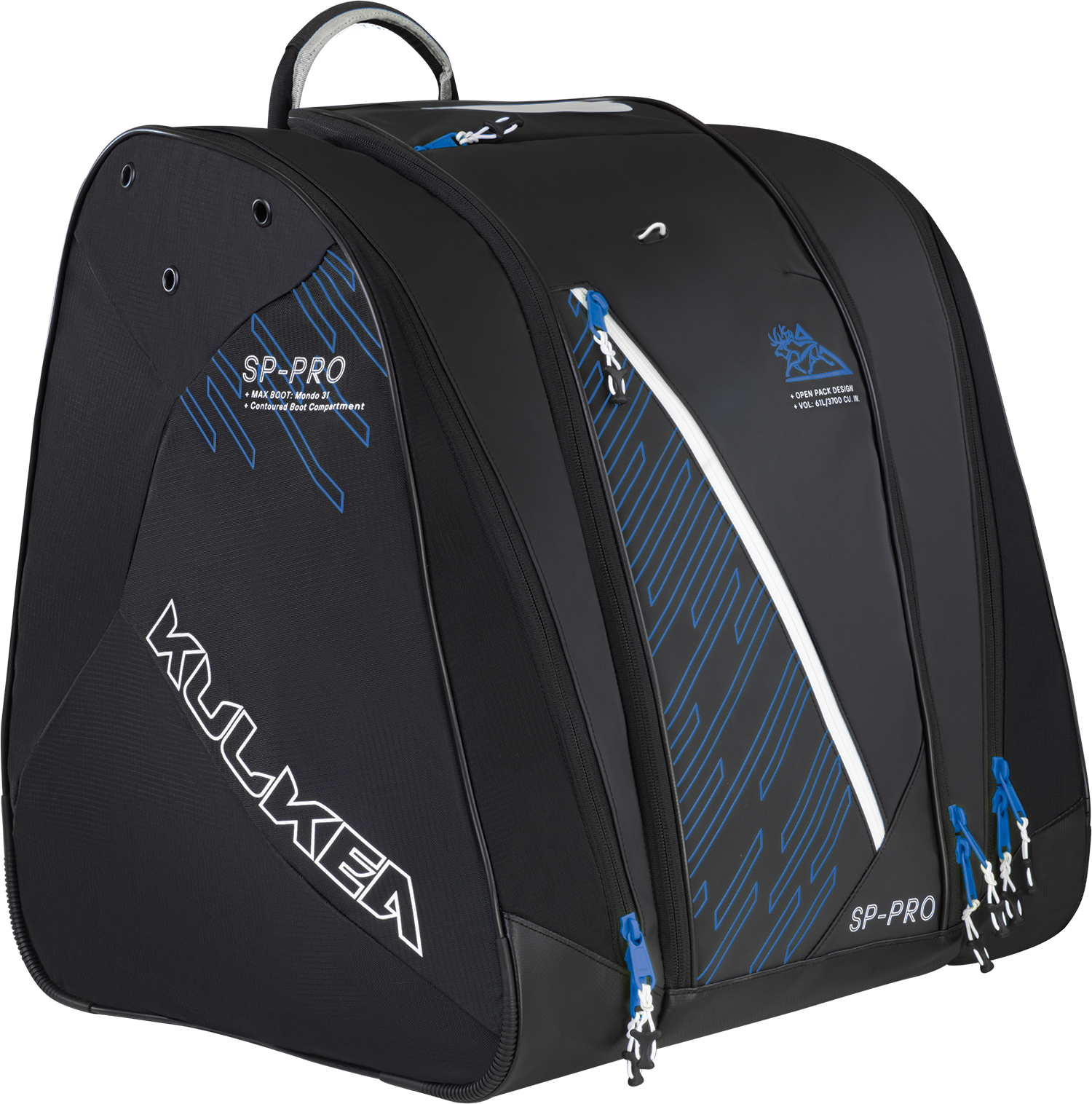 Kulkea boot bag all black with blue accents, smaller than the boot trekker bag, big enough to fit ski boots, helmet, gloves, etc.