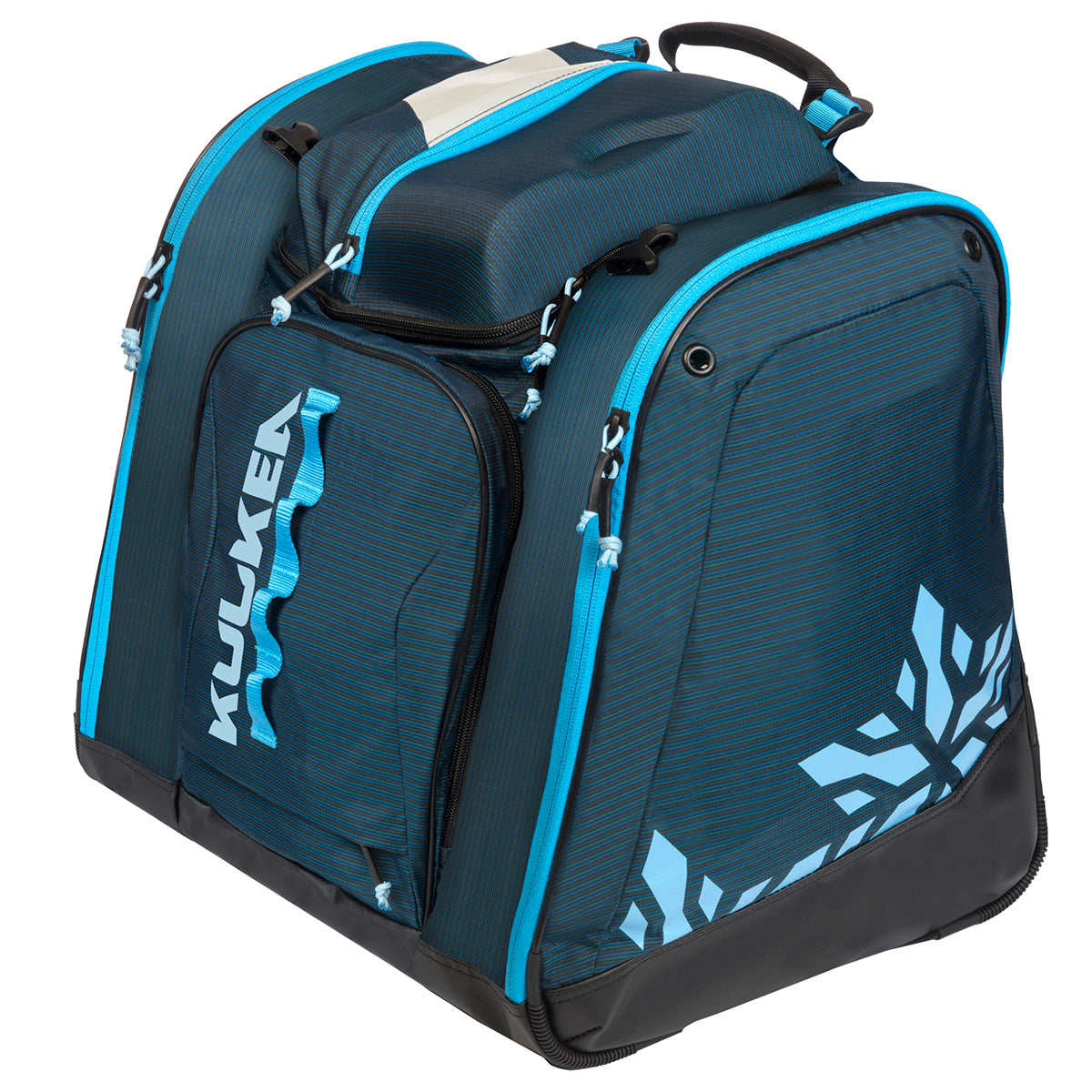 Kulkea boot bag in blue with light blue accents and snowflake designs, tons of compartments, large enough to fit ski boots and most if not all your other ski gear including helmet.