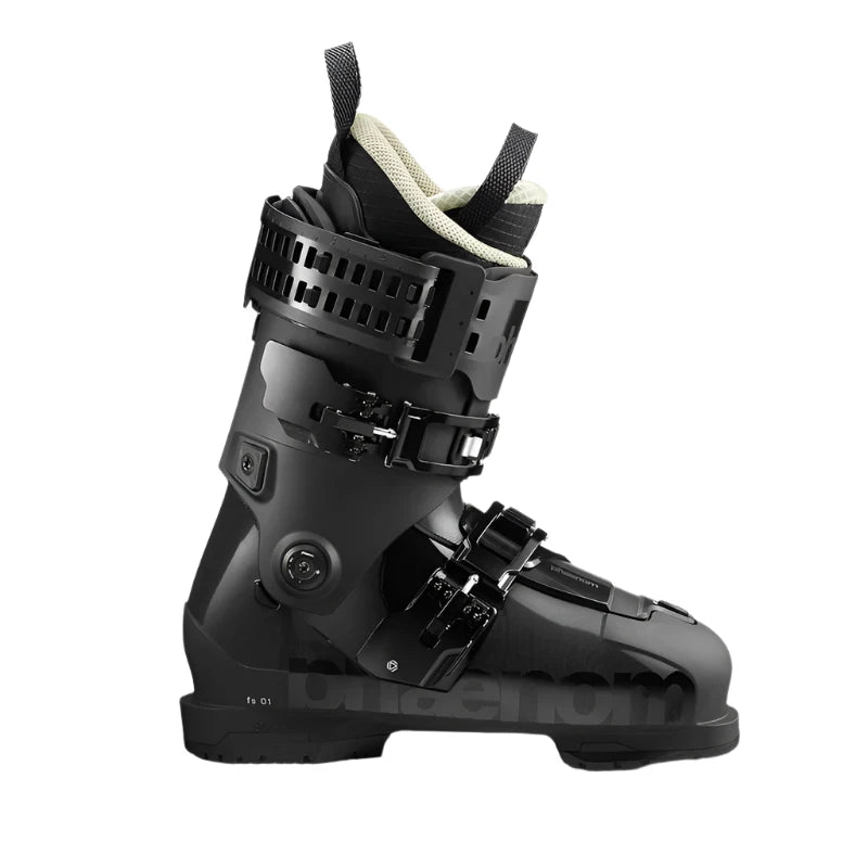 A ski boot that is a sleek, all black ski boot with two straps and a black power strap.