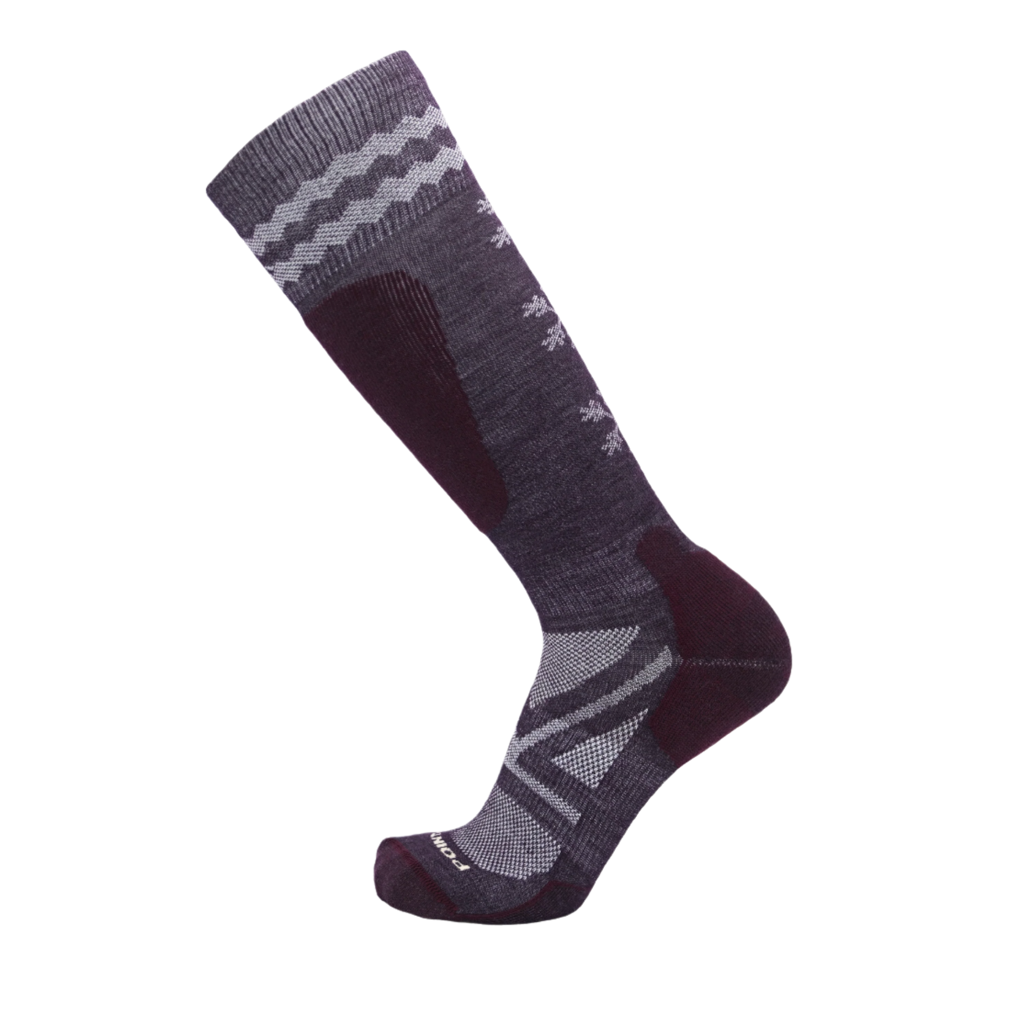 A maroon sock with white accents around the upper calf, snowflakes down the back of the sock, and over the top of the foot. There are darker maroon padding call outs on the shin, heel and toe.