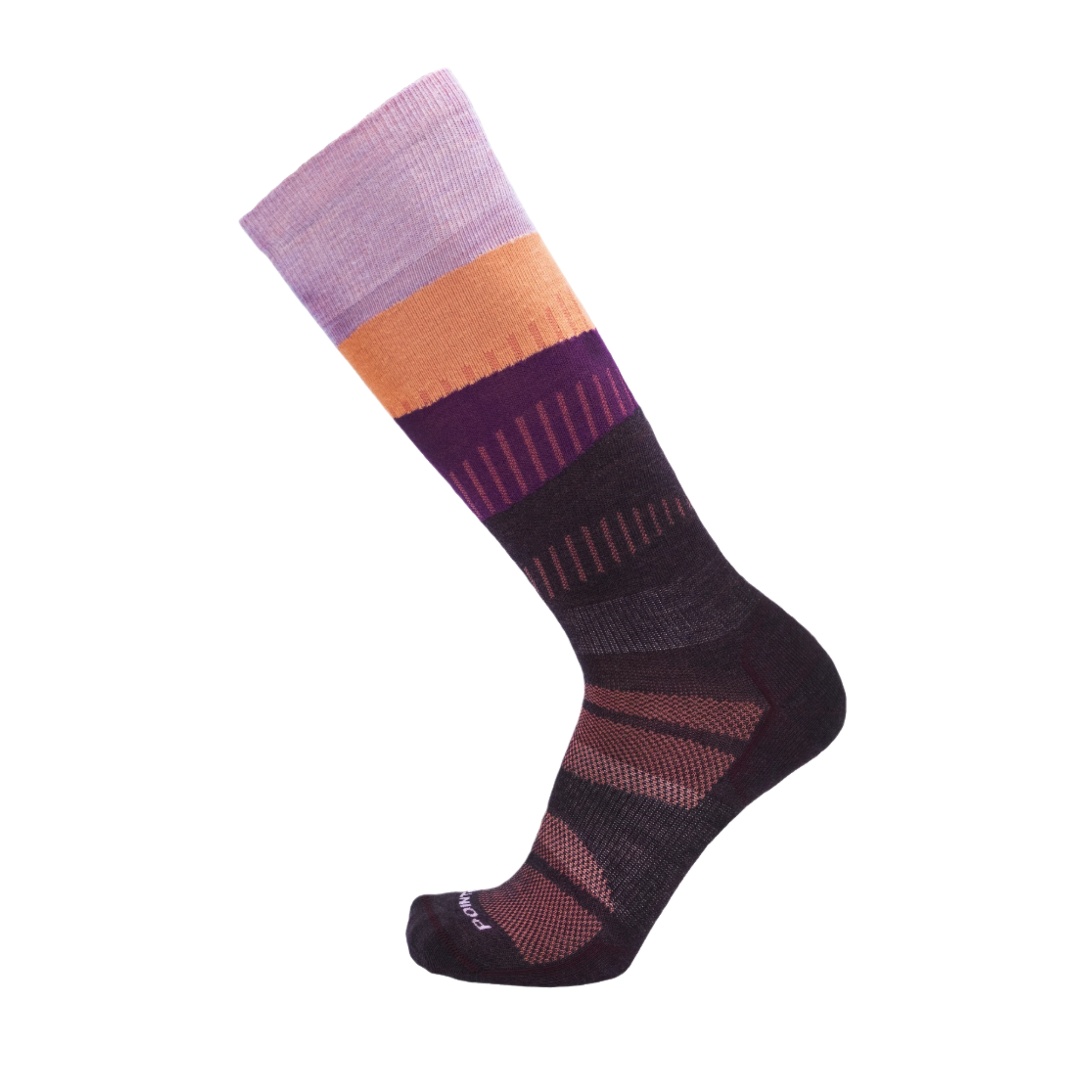 Ultra Light Ski sock that is different shades of maroon, pink and orange in stripes.