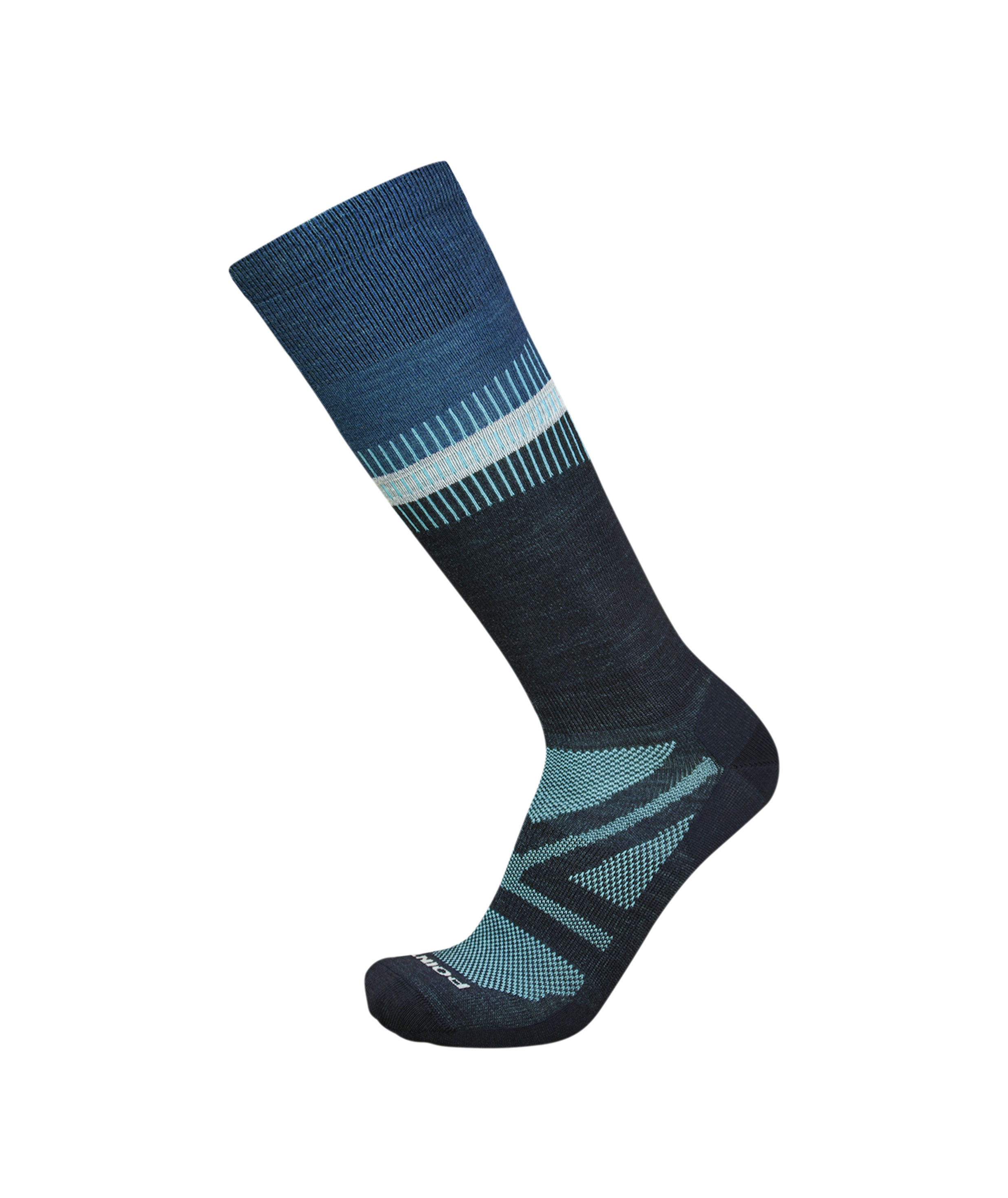 Point6 Reflection Ultra Light OTC Ski Sock in various shades of blue with geometric designs.