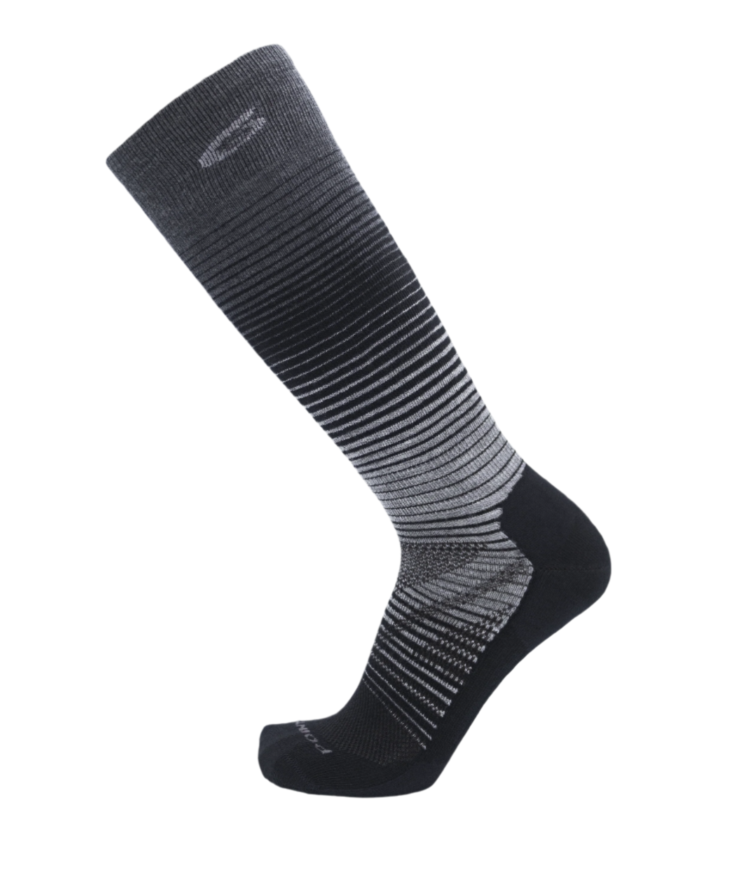 A black and grey striped ski sock with black accent on the sole of the foot.