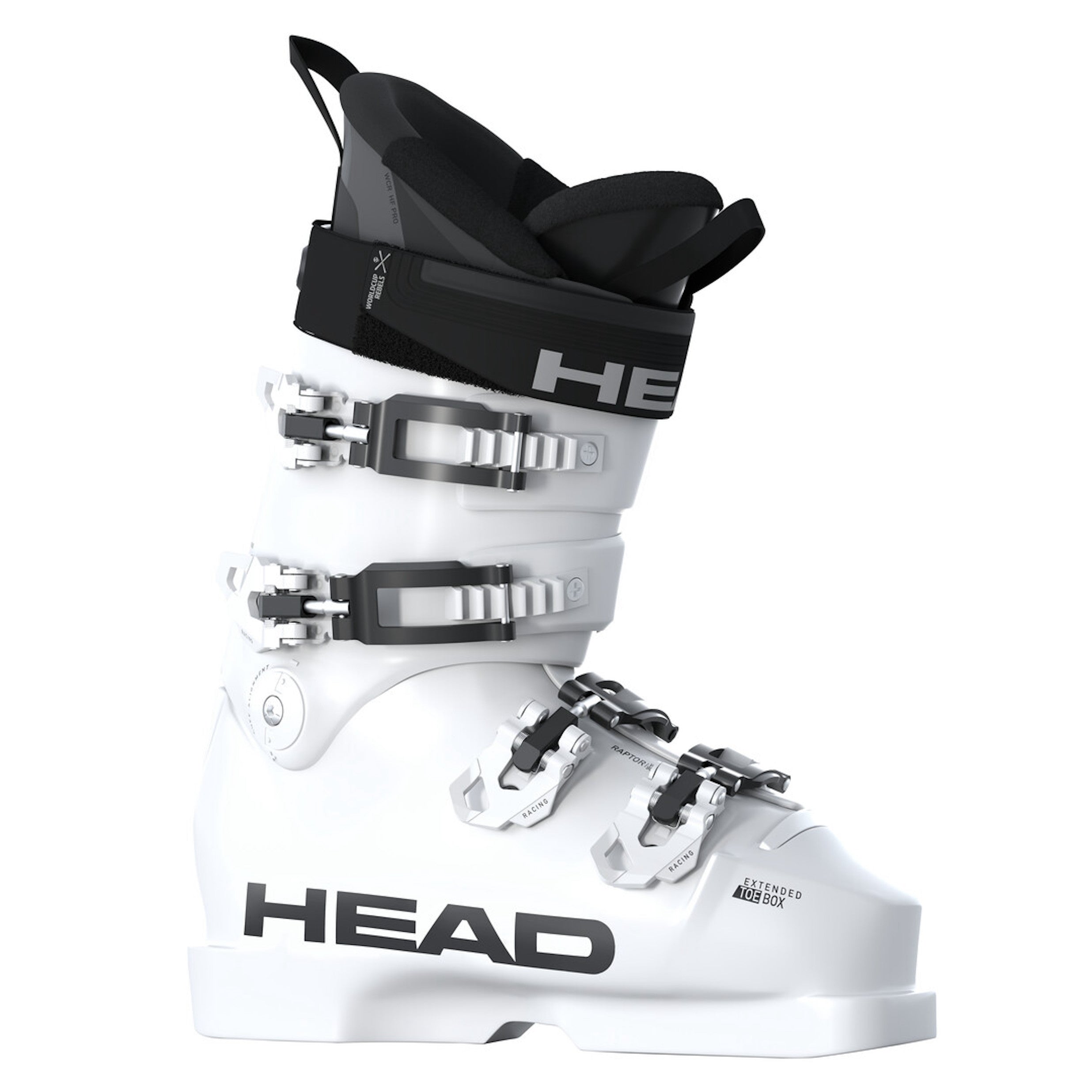 Junior Head Raptor WCR 90 ski boot, all white with black accents and black power strap.