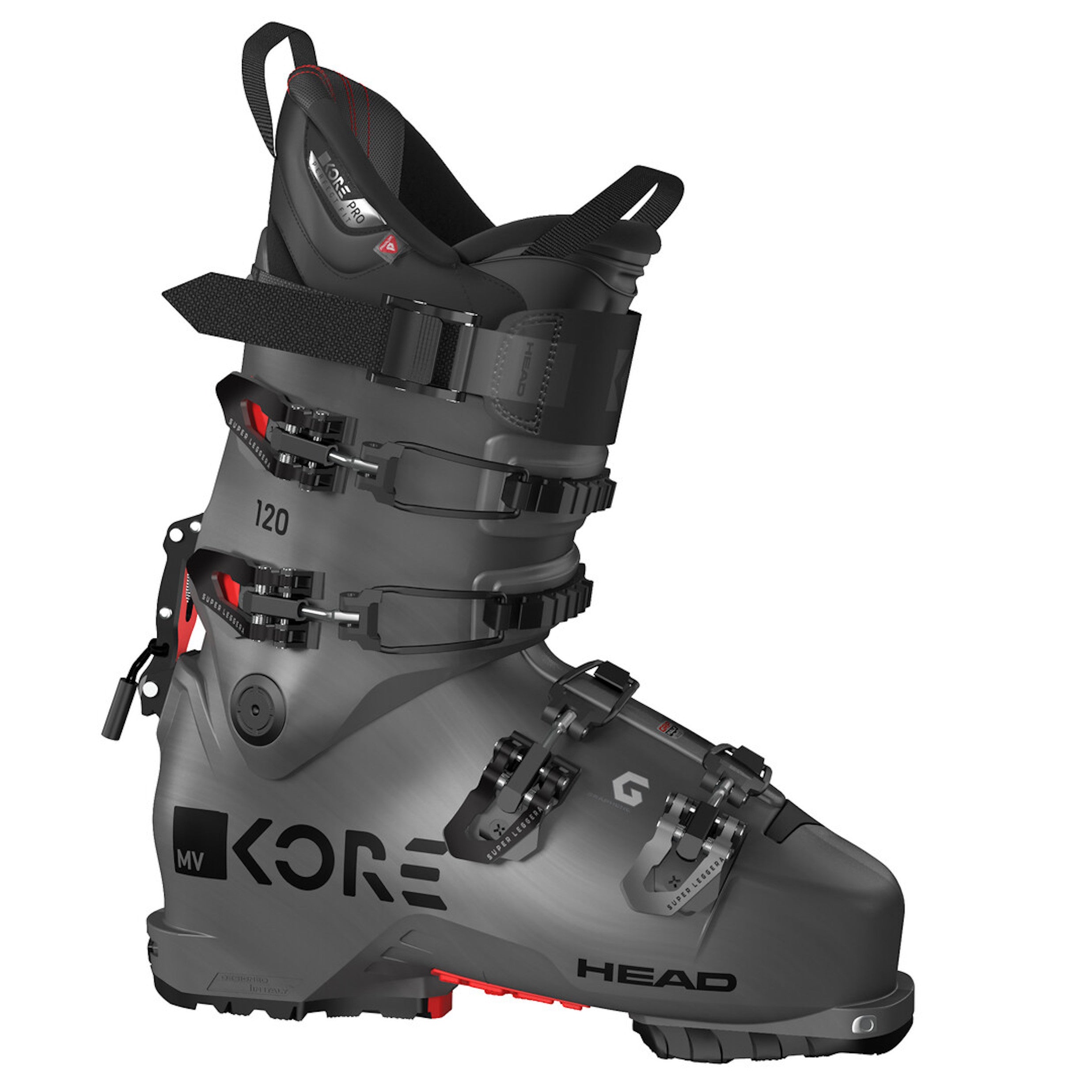 Men's Head Kore 120 ski boot, all dark grey with black shiny buckles, walk mode adjust in the back and red accents.