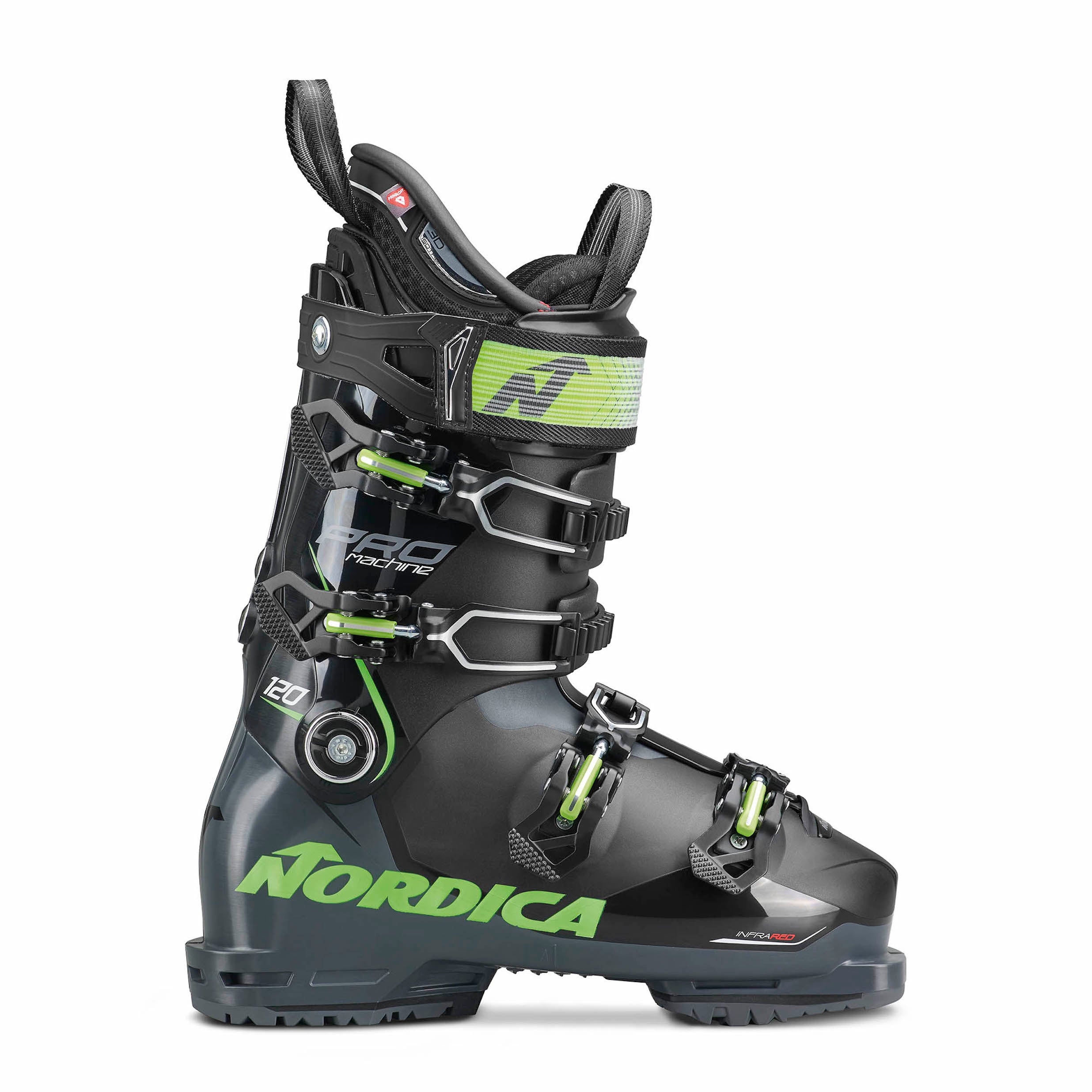 Men's Nordica Promachine 120 ski boot, black and grey with green accents.