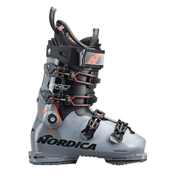 Gray and black Nordica ski boot with 4 buckles and red accents.