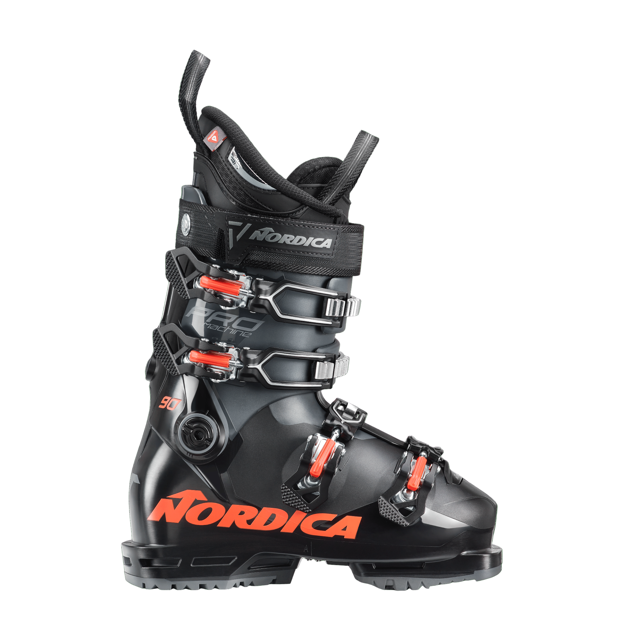 All black ski boot with red accents ont he four buckles and the red Nordica logo along the bottom shell.