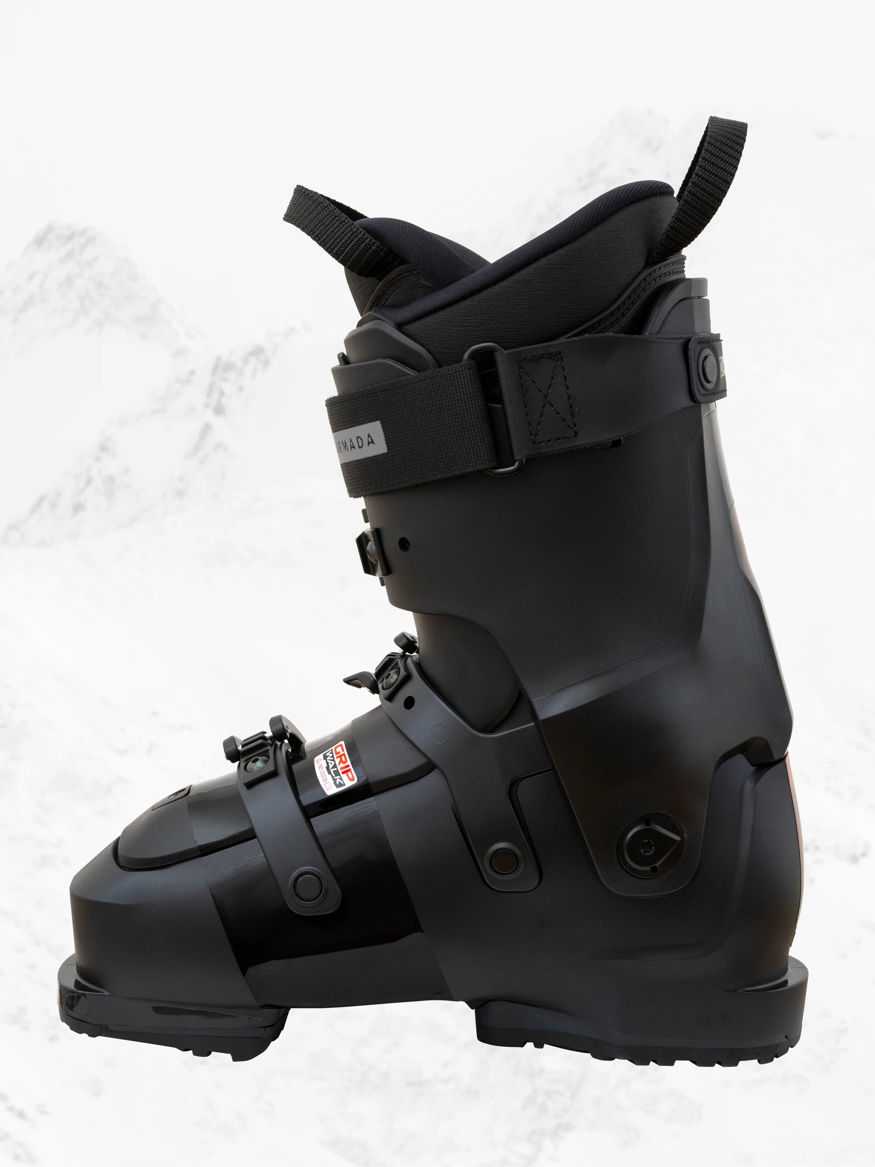 The medial side of this Armanda ski boot has rivets here teh straps connect to teh shell.