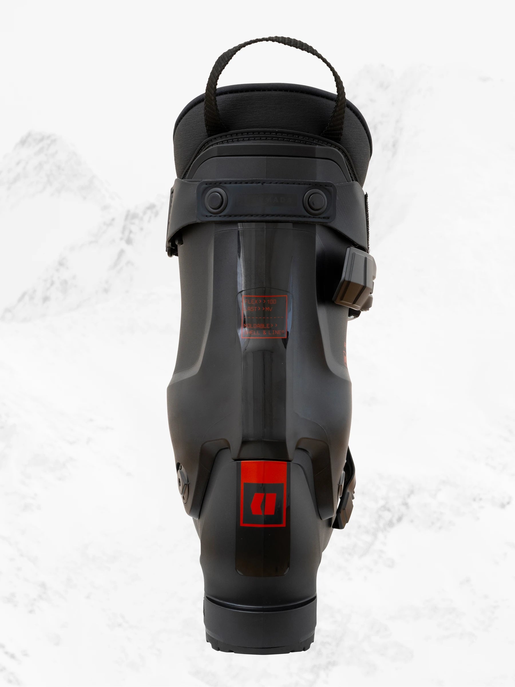 The back of this Armada ski boot has a red branded logo just above the heel
