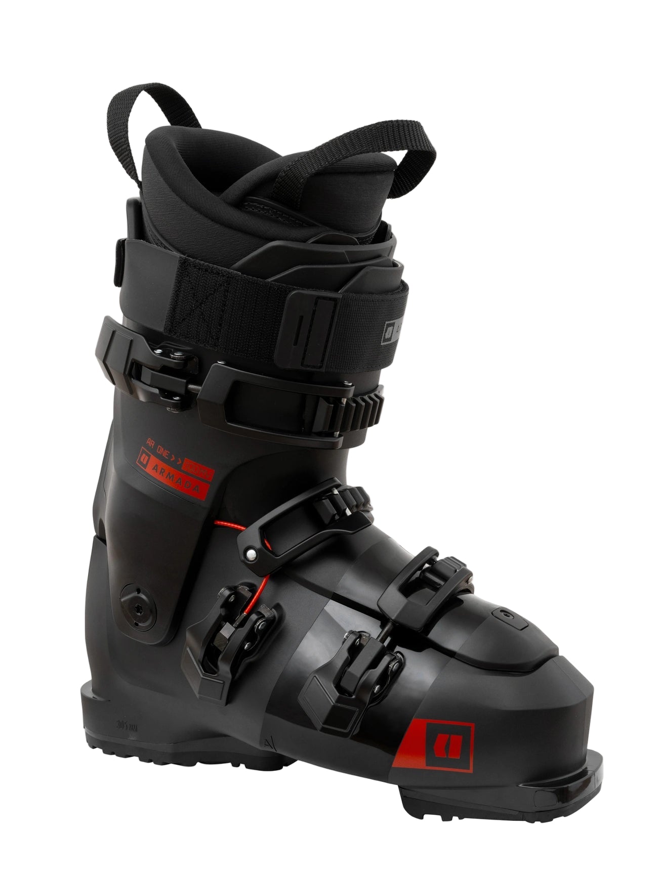 Black ski boot with red accents on a white background