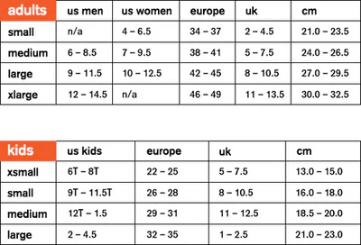 A size chart for socks.