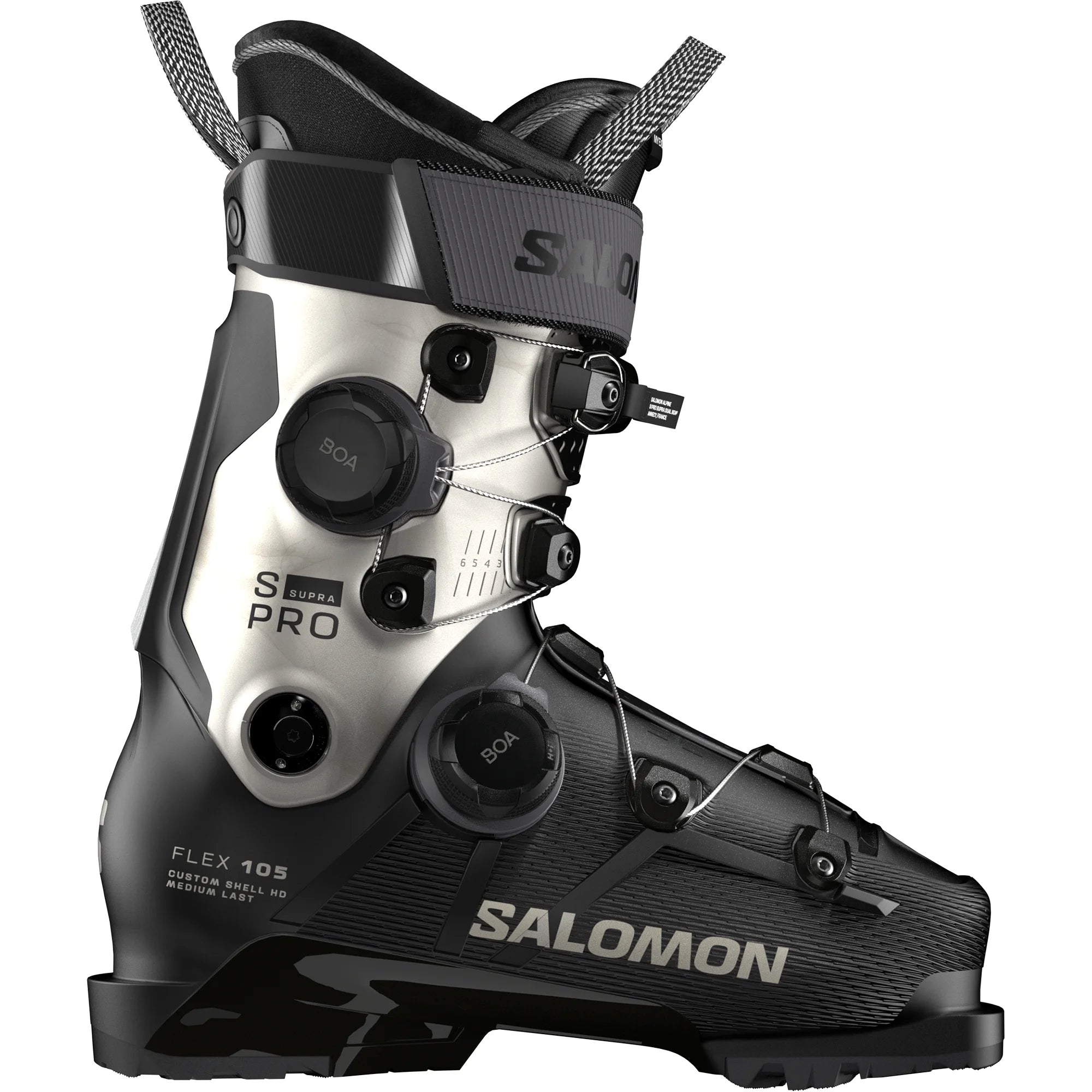 Black and silver Women's Salomon ski boot with a Dual BOA system