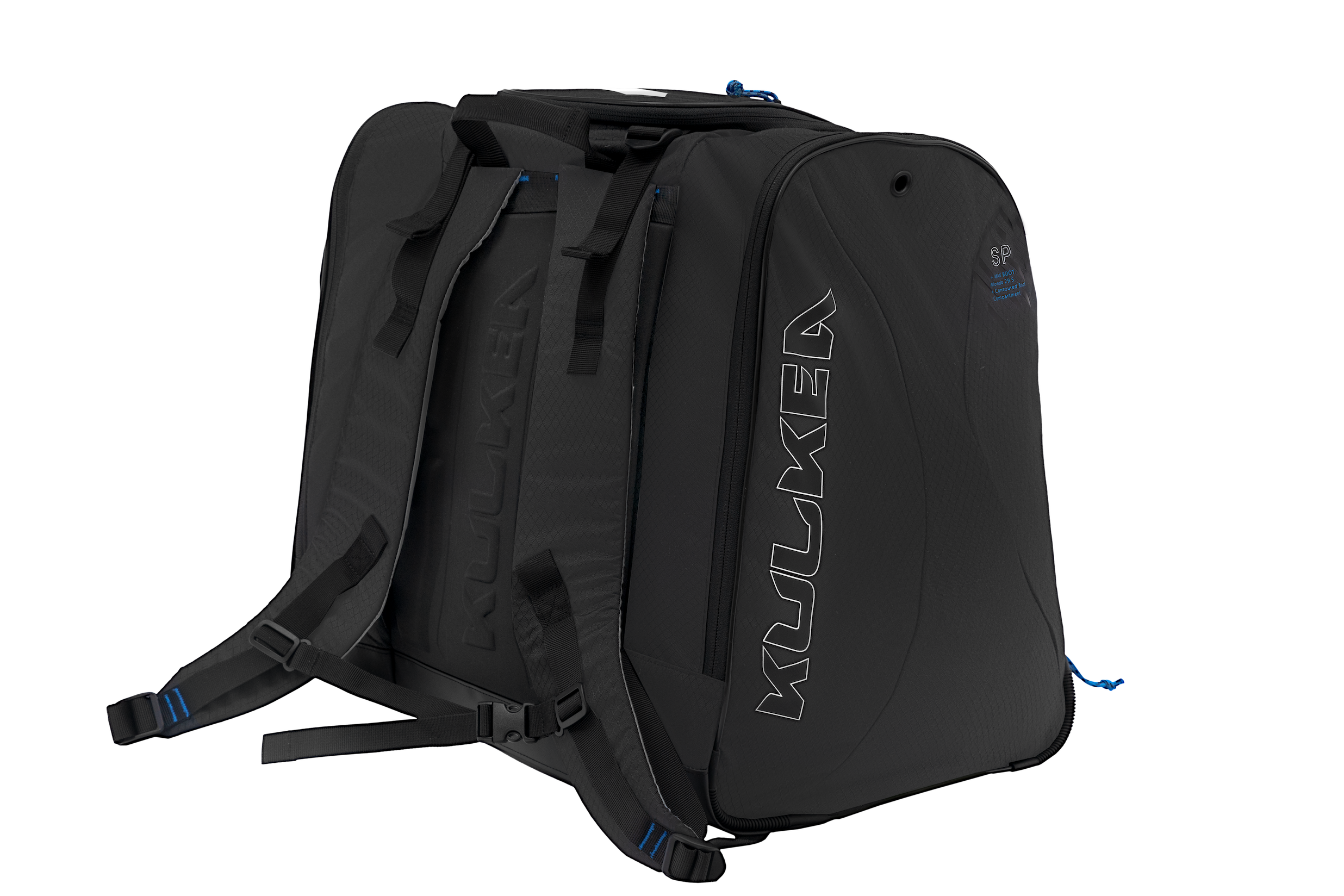 Kulkea boot bag all black with blue accents, smaller than the boot trekker bag, big enough to fit ski boots, helmet, gloves, etc. 