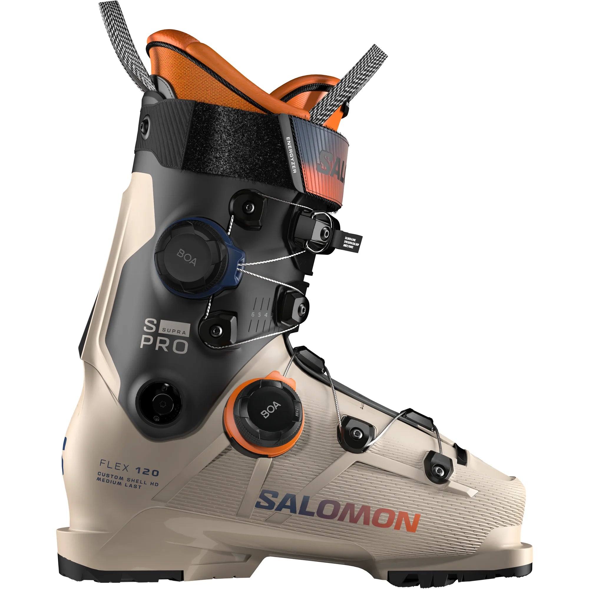 Salomon ski boot with beige, black, and orange design on a white background.