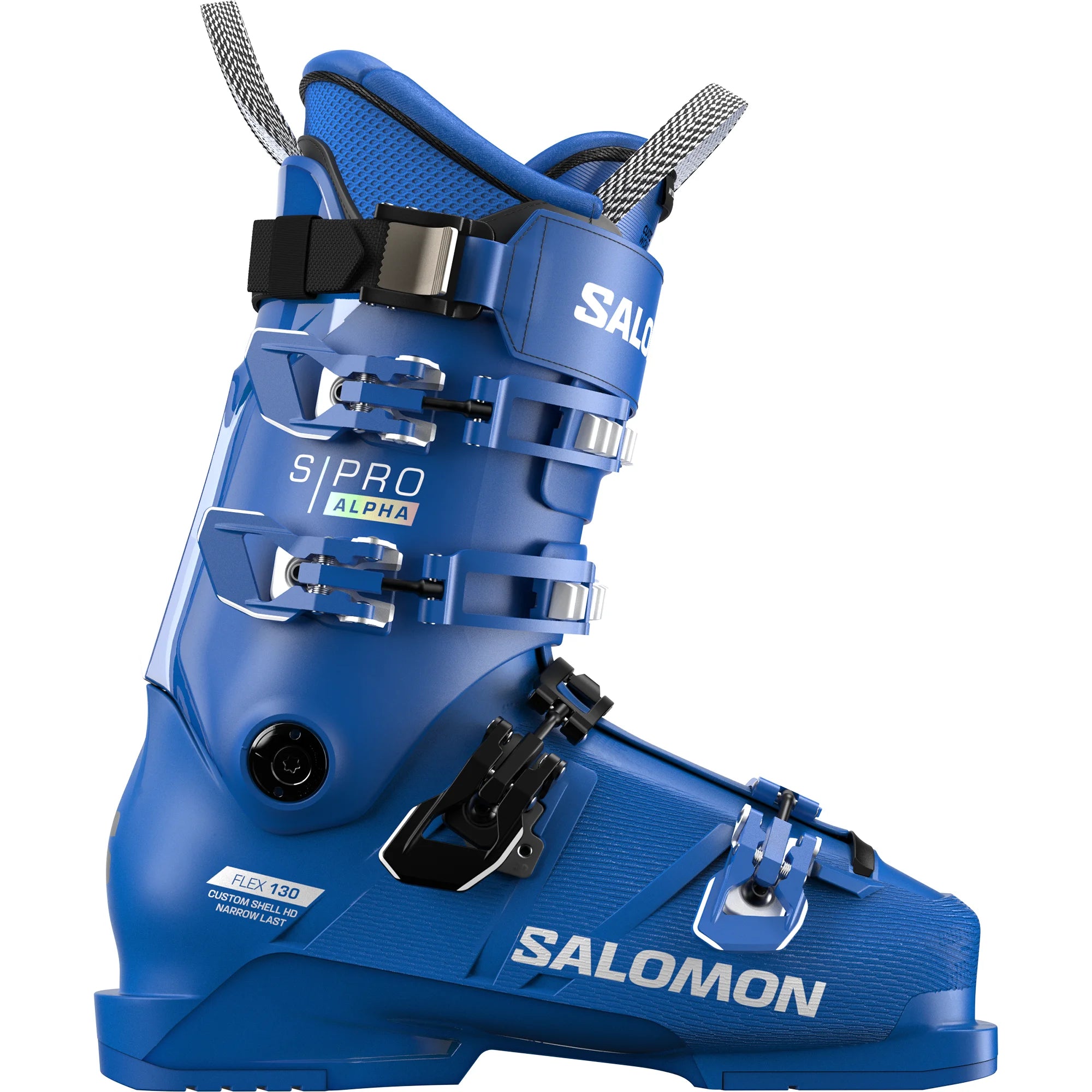 Blue Unisex Salomon racing ski boot on a white background.