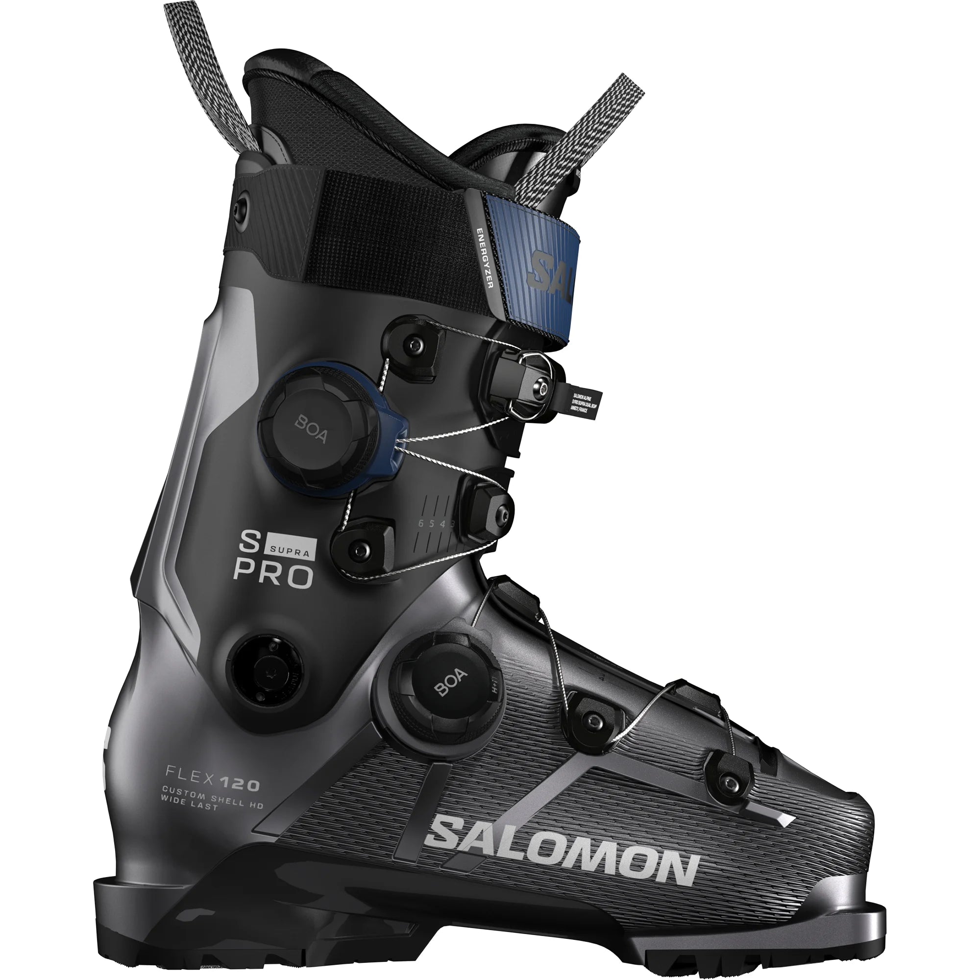 Black ski boot with visible Salomon branding on a white background