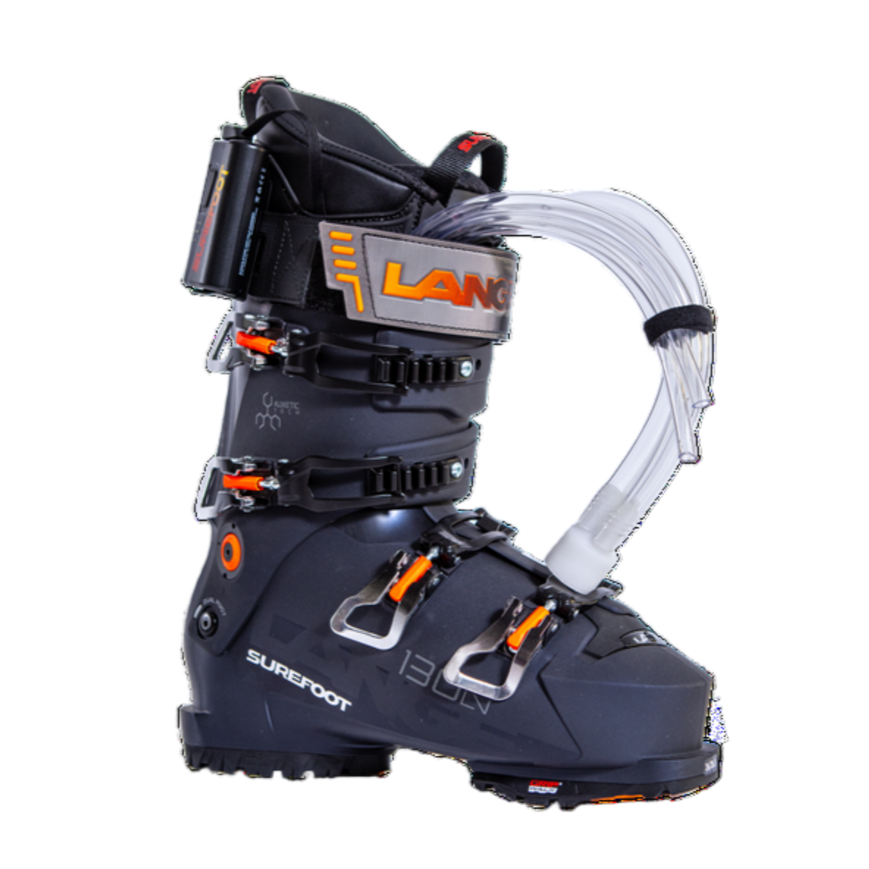 Dark blue ski boot with orange accents on the four buckles. there are tubes coming out of the front that assist in the liner foaming process.