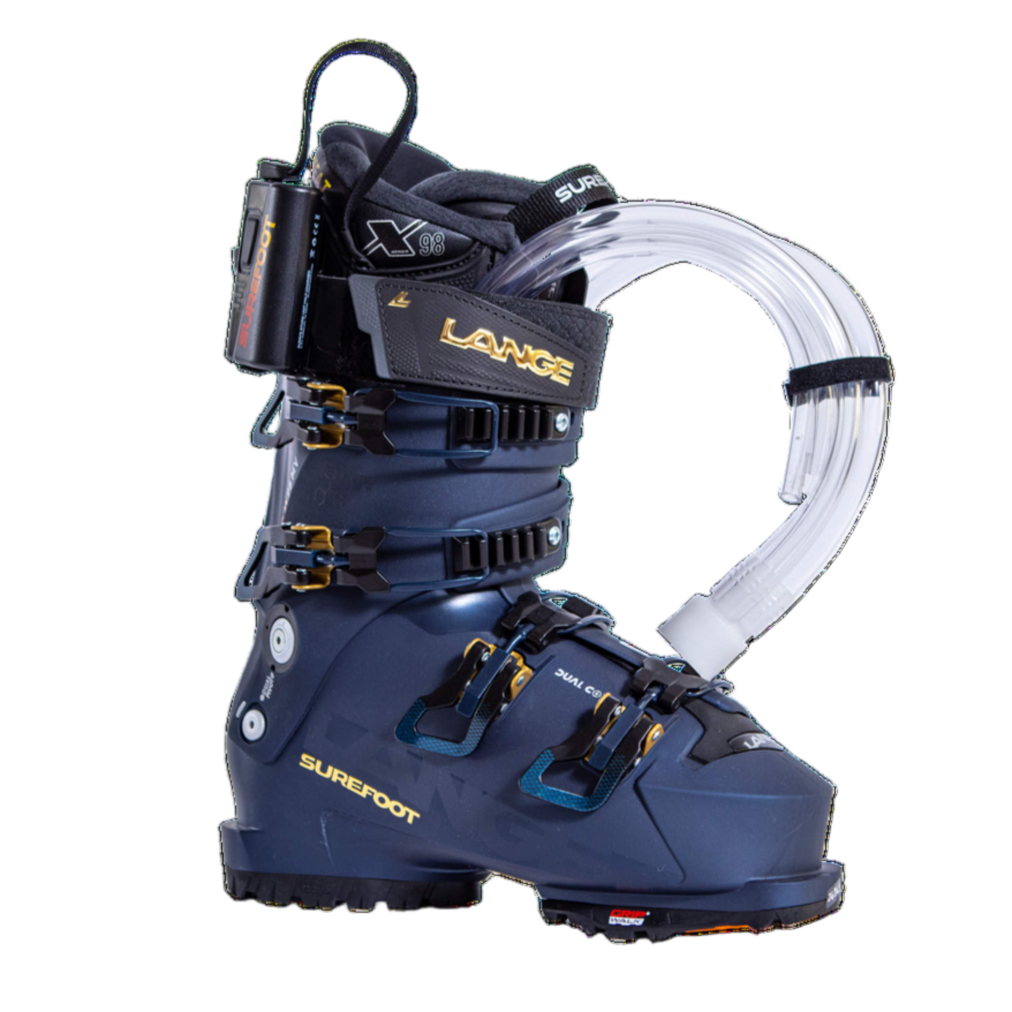 A dark blue ski boot with the same coloring as the LV option, featuring gold accents on the lower shell and buckles.