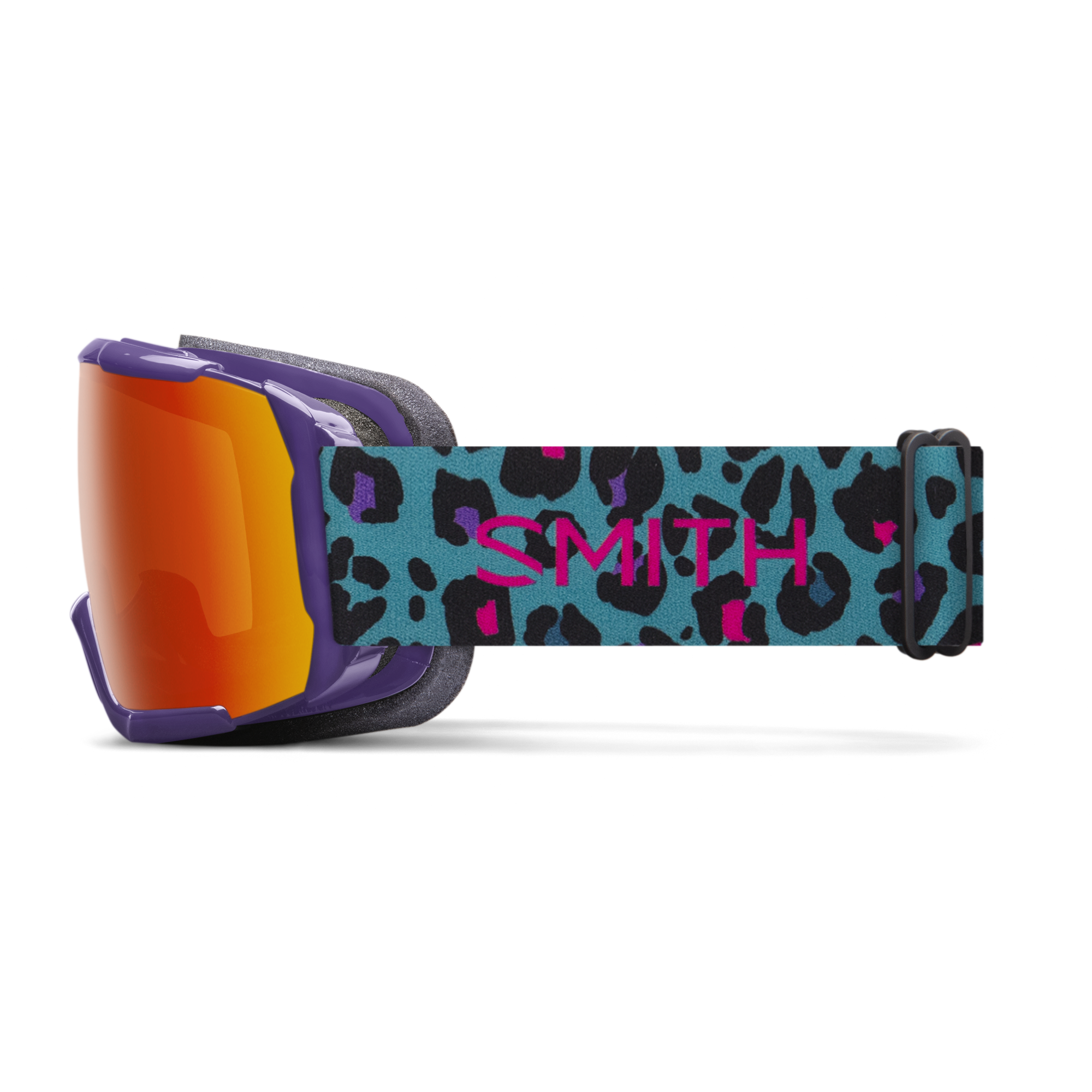 Kid's smith goggles, purple frame with blue, black and pink cheetah print adjustable band. Orange Chromapop lenses.