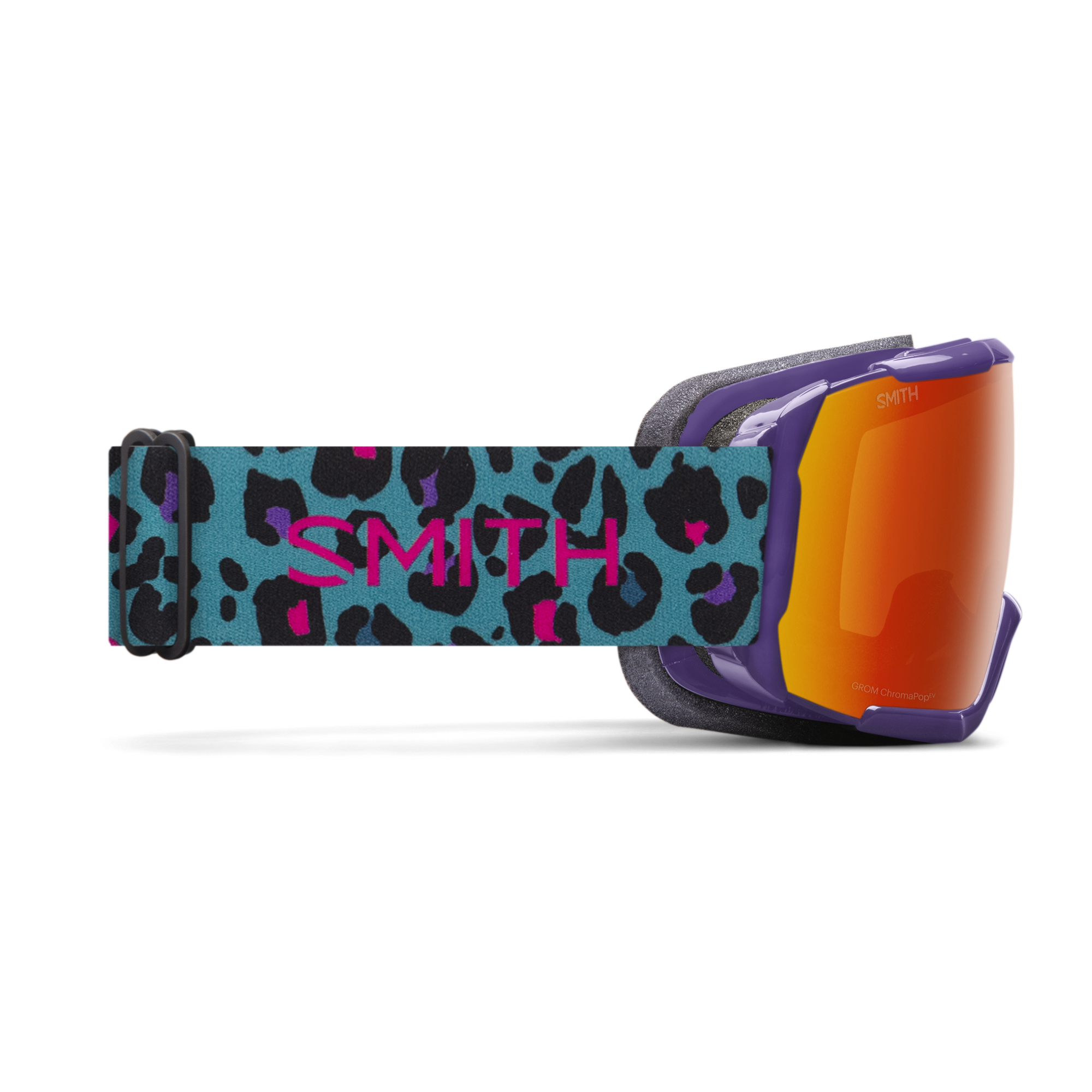 Kid's smith goggles, purple frame with blue, black and pink cheetah print adjustable band. Orange Chromapop lenses.