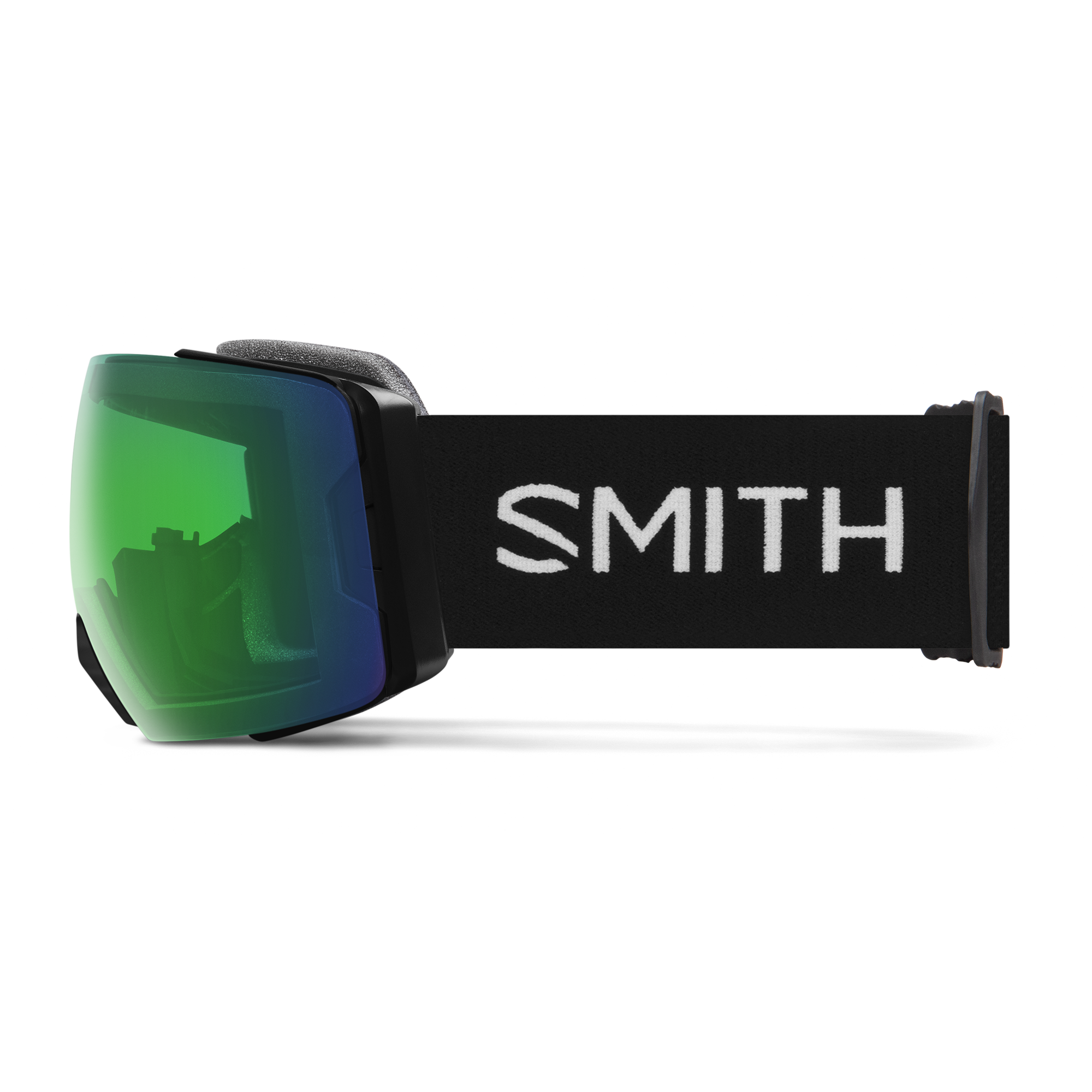 Smith ski goggles with green/blue lenses and black adjustable strap with Smith logo.