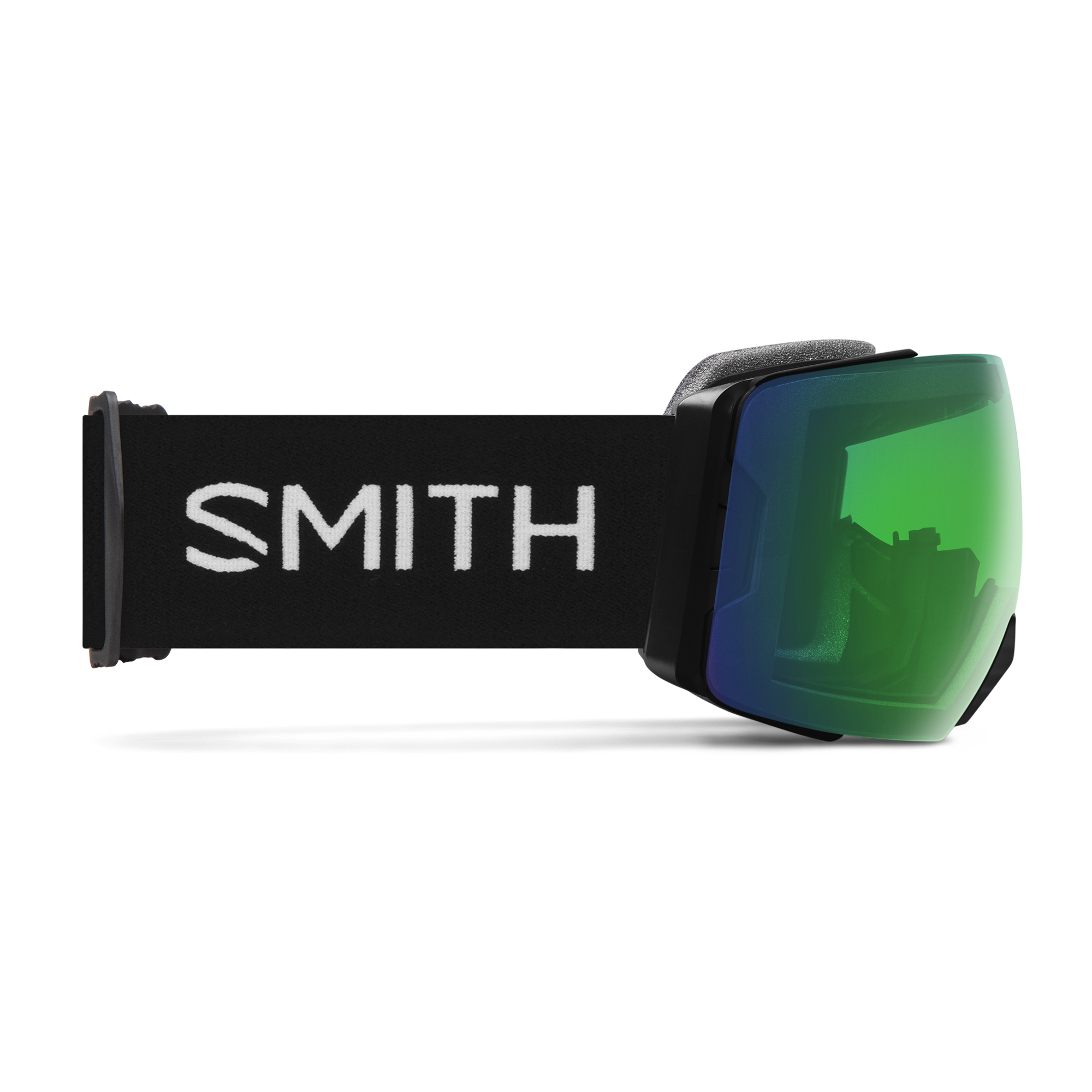 Smith ski goggles with green/blue lenses and black adjustable strap with Smith logo.