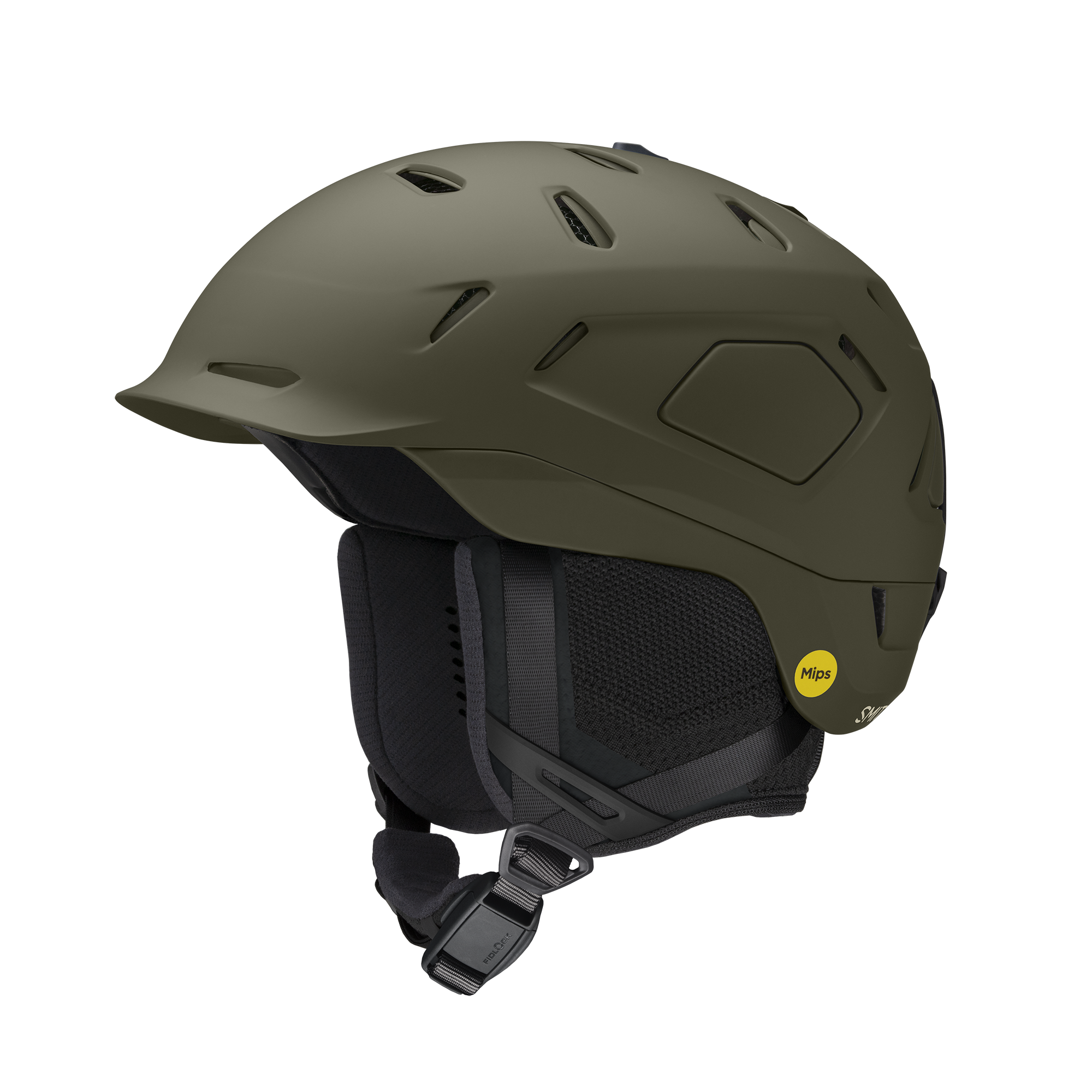 Smith matte forest (green) ski helmet with MIPS logo, soft black ear pieces and air vents.