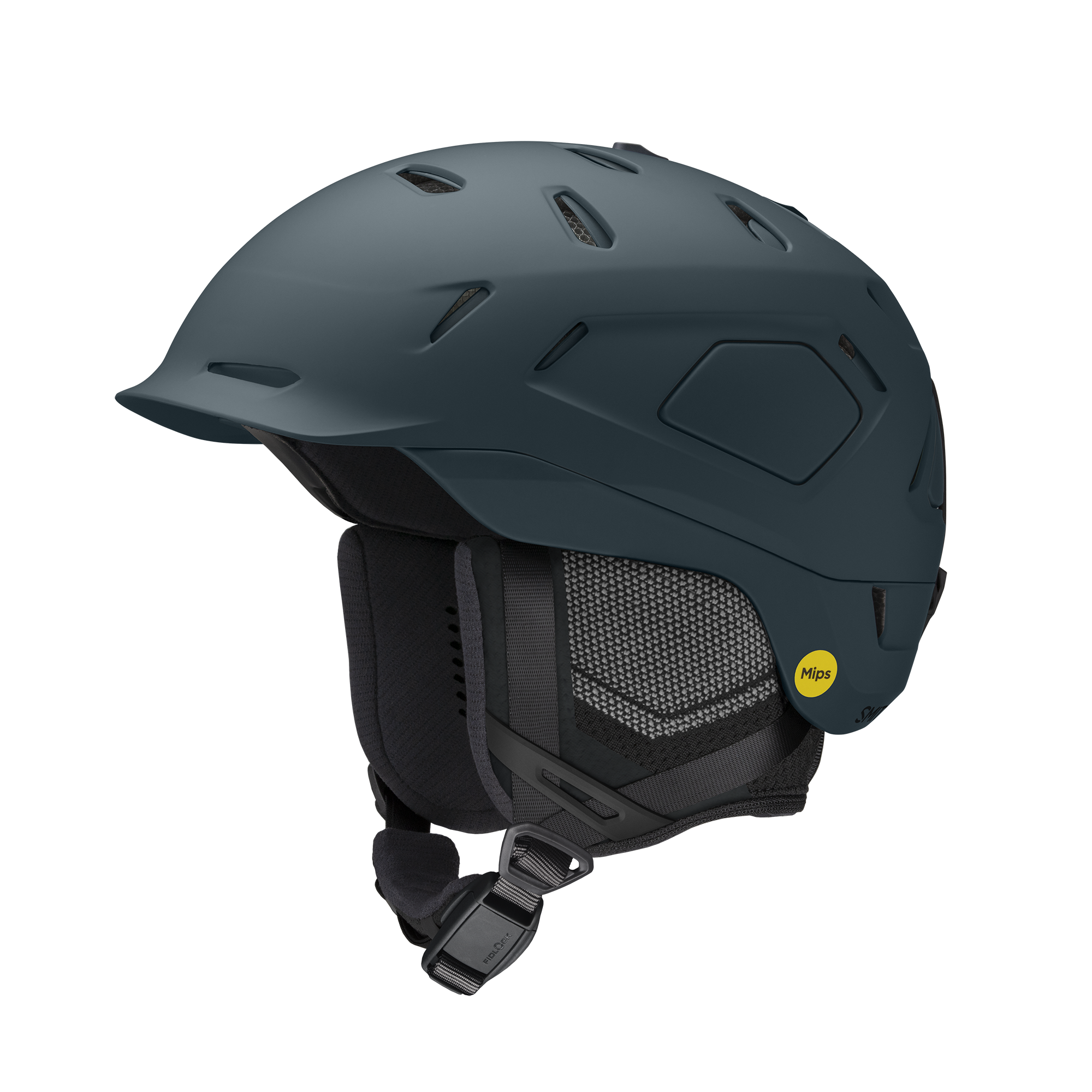 Smith Nexus MIPS ski helmet in matte pacific (dark blue) with MIPS logo and soft grey/black ear pieces. Air vents throughout.