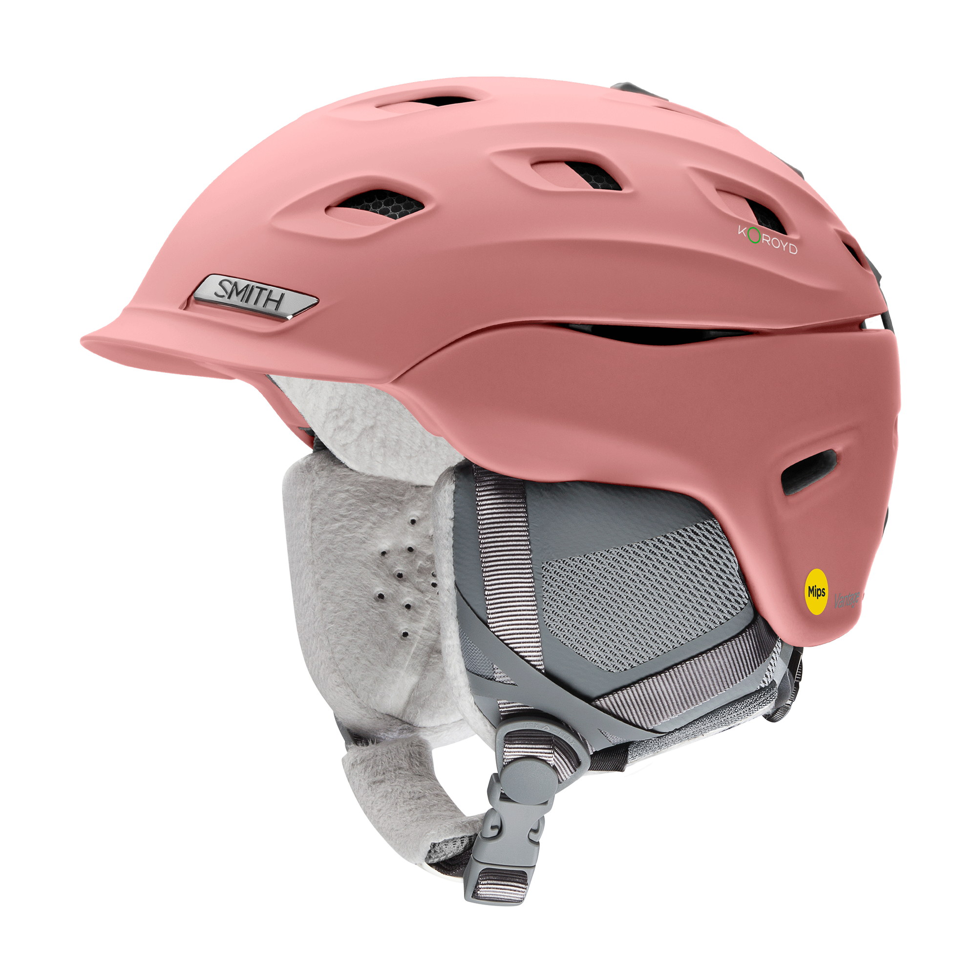 Women's Smith Vantage ski helmet in matte rose with soft grey ear pieces, air vents throughout.