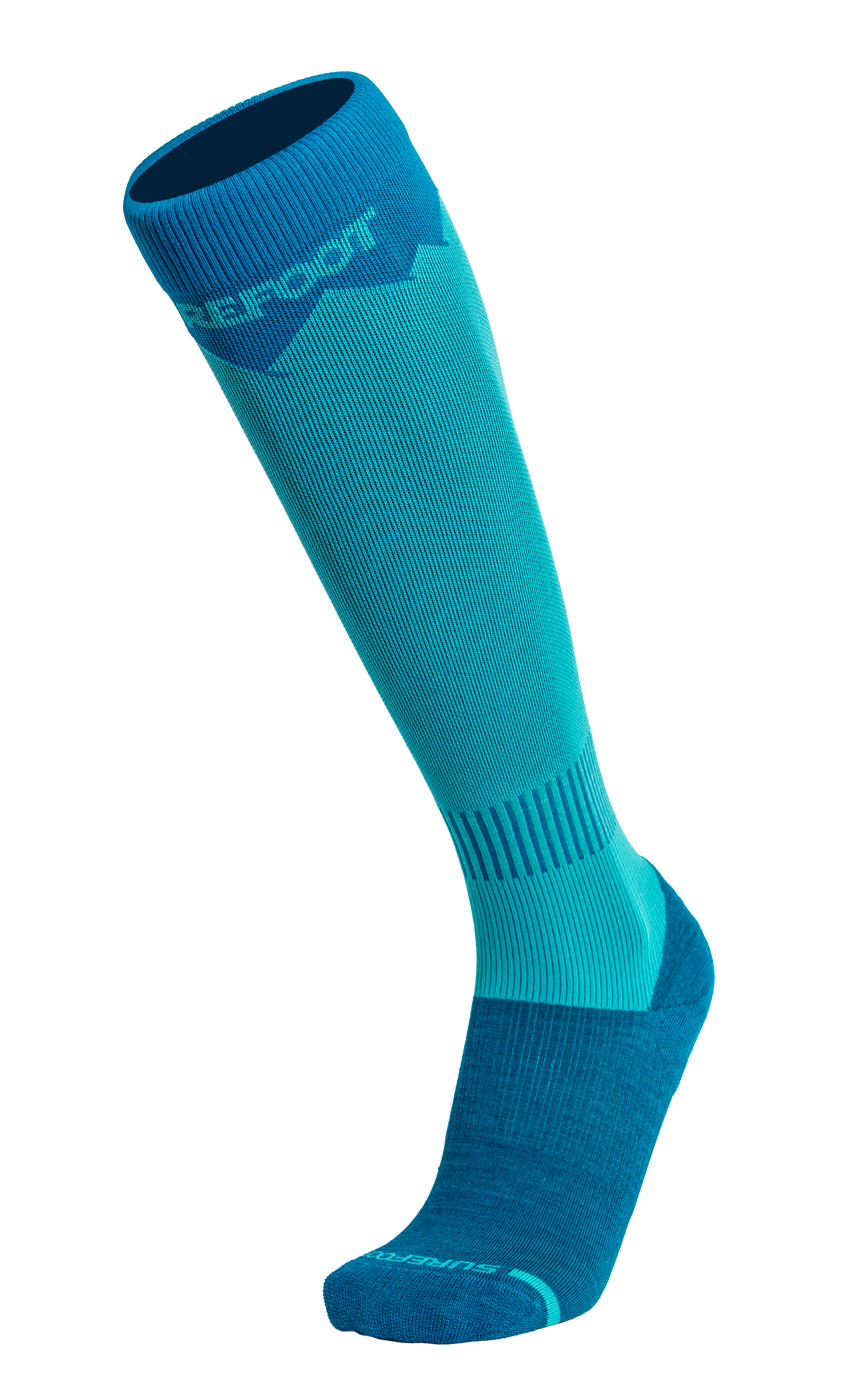Blue and green sock with brand logo on a white background