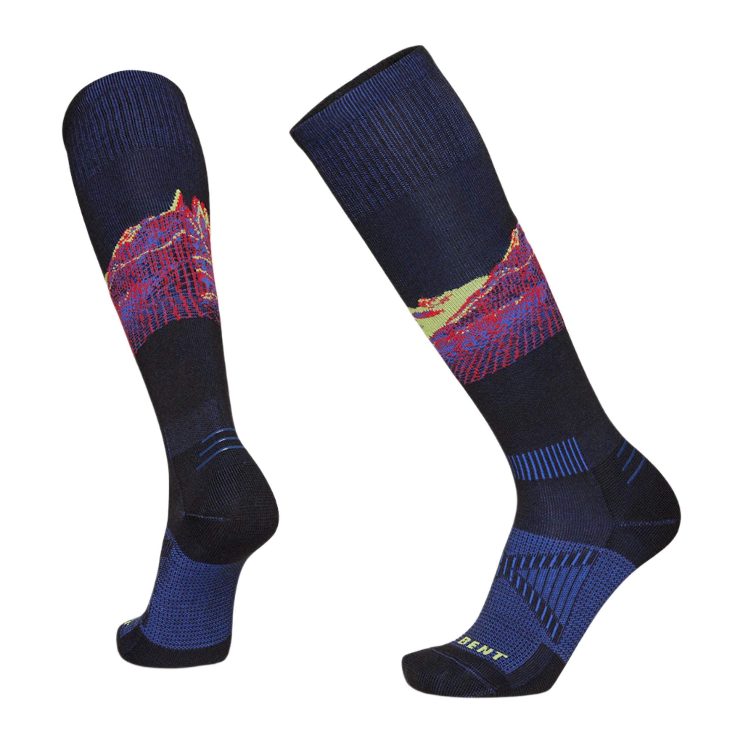 Black LeBent Men's ski socks with red and yellow mountain graphics, blue fibers throughout.