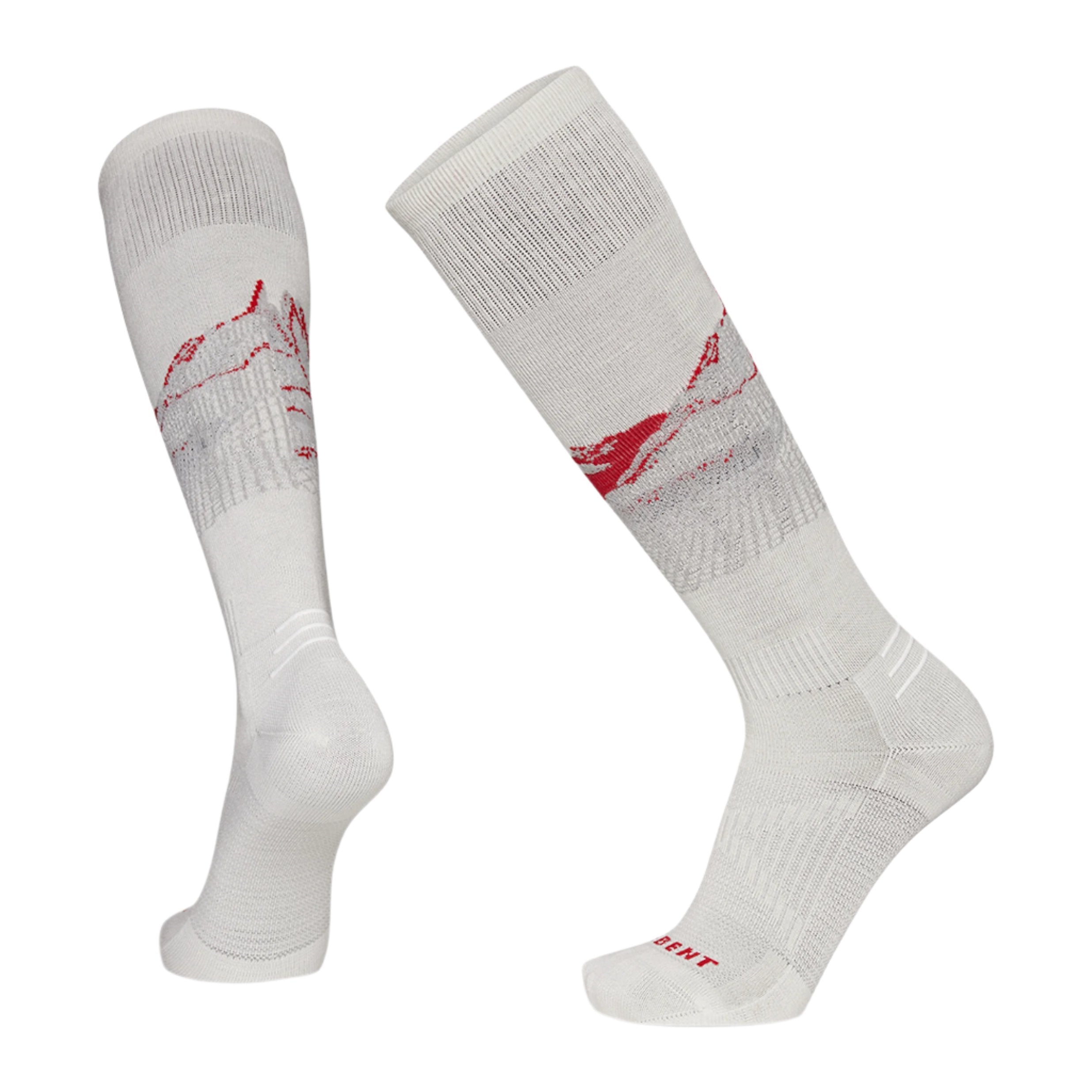 Women's LeBent Elyse Saugstad Pro Series Zero Cushion Ski Sock all white with grey and red mountain graphics.