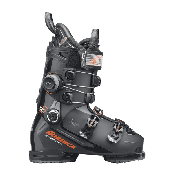 Black and gray ski boot with Nordica branding, two buckles and one BOA system
