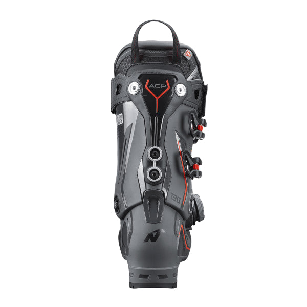 The spine of the ski boot has two rivets, and it is grey and black.