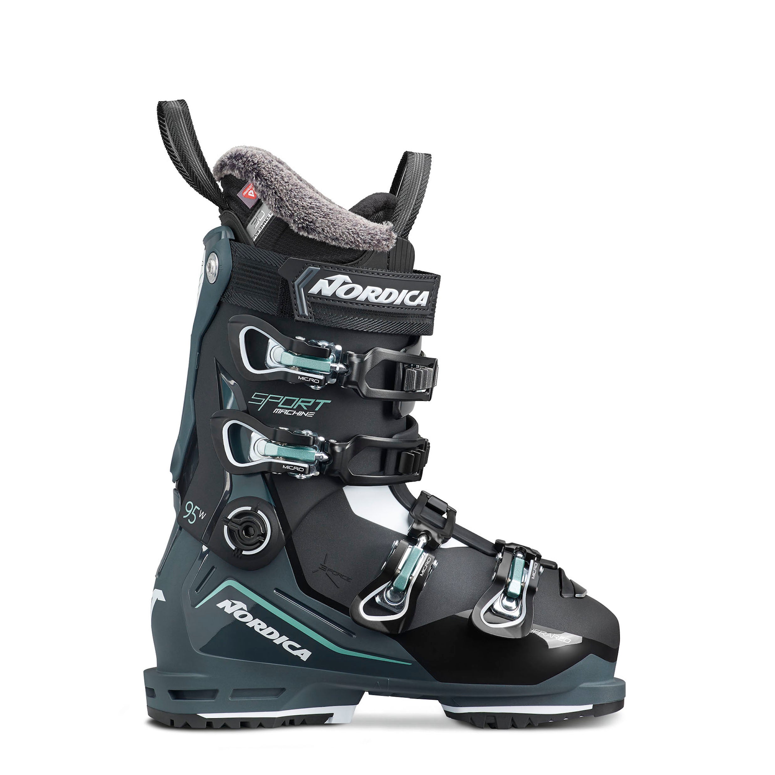 Women's Nordica Sportmachine 3 95 women's ski boot, green-gray and black with blue accents.