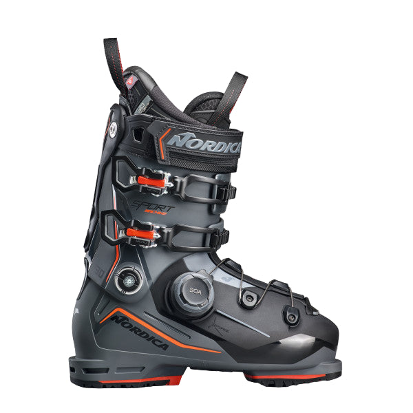 Black and gray ski boot with orange and red accents. Two buckles on the upper cuff and a BOA system on the lower cuff.