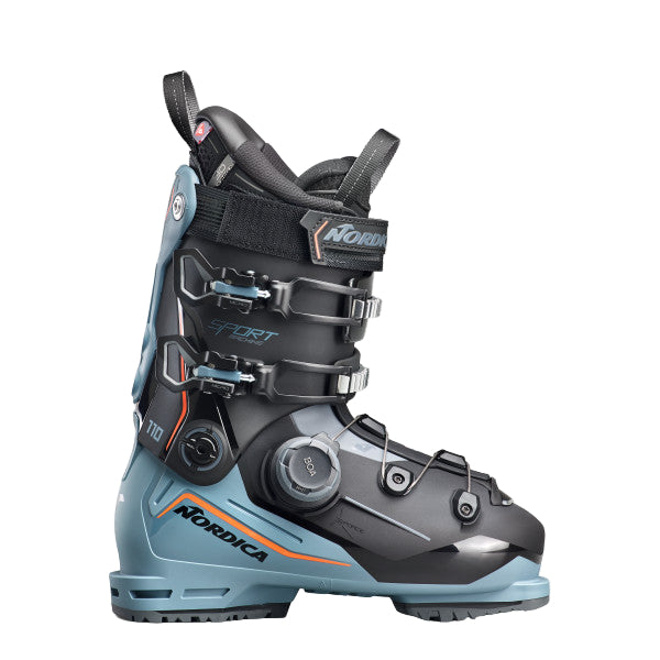 The heel and lower cuff are light blue, the top of the lower cuff and the upper cuff are black. There are two buckles on the upper and BOA on the lower.