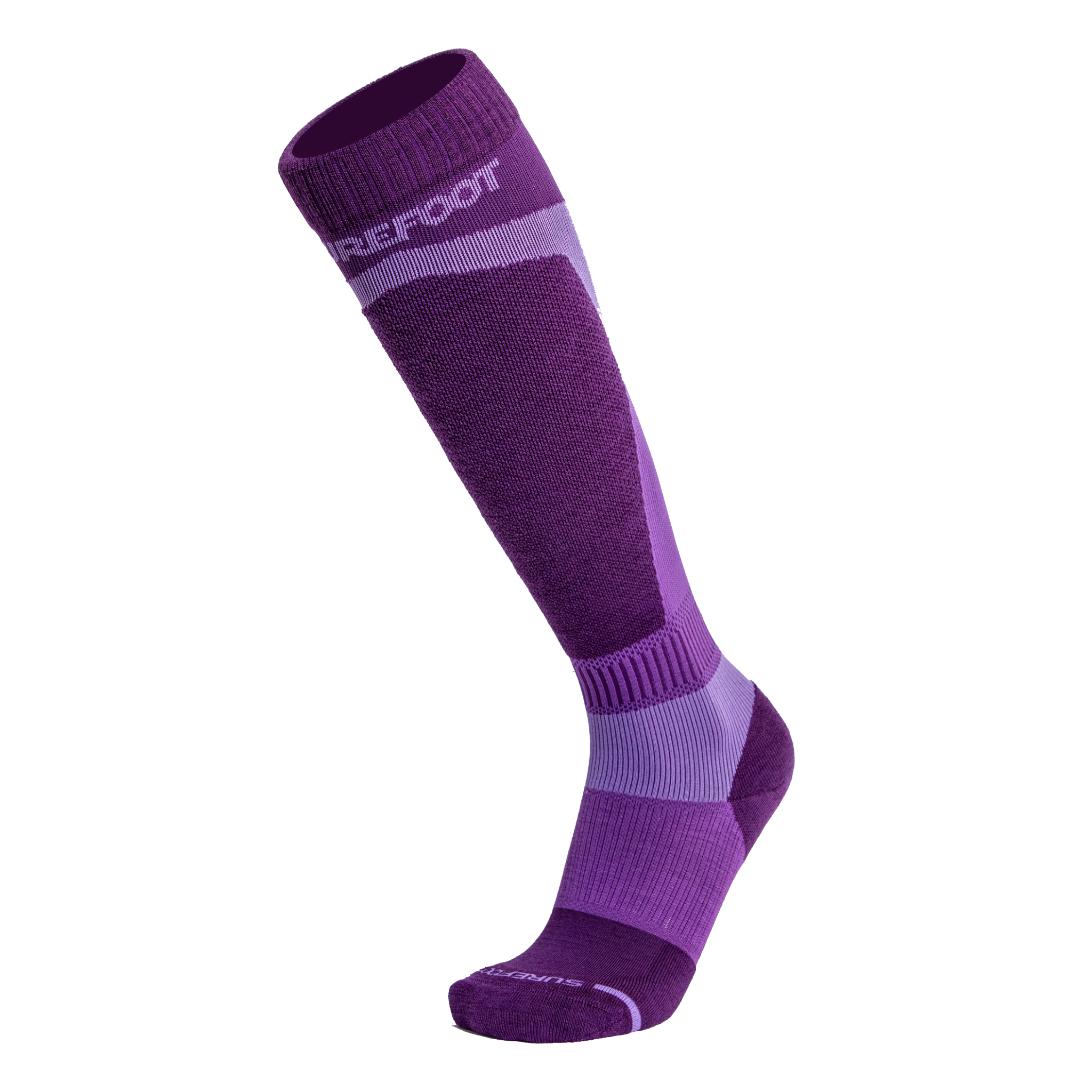 A violet and purple ski sock with a Surefoot brand logo on the shin and over the toes.