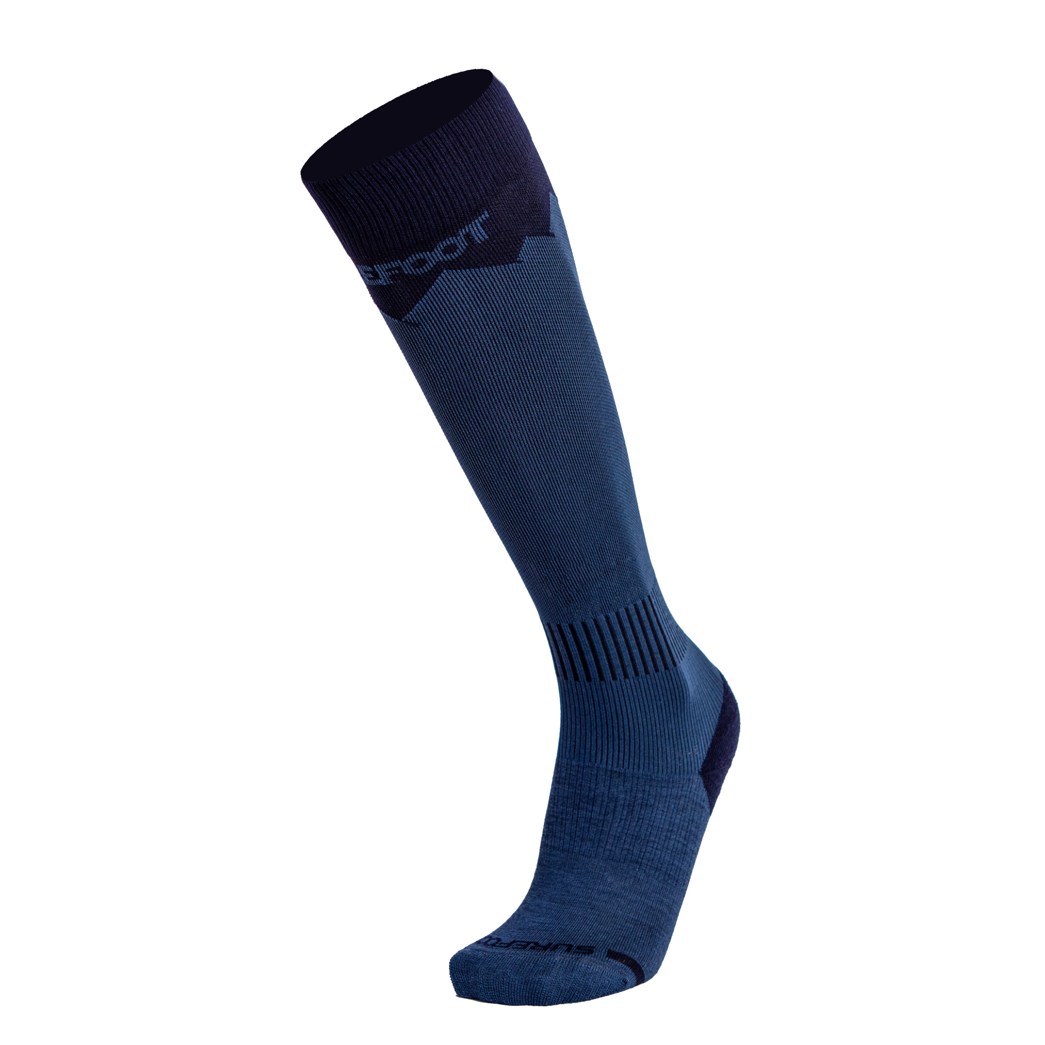 This ski sock has a mountain peaks design on topof the cuff and is 2 colors of blue.