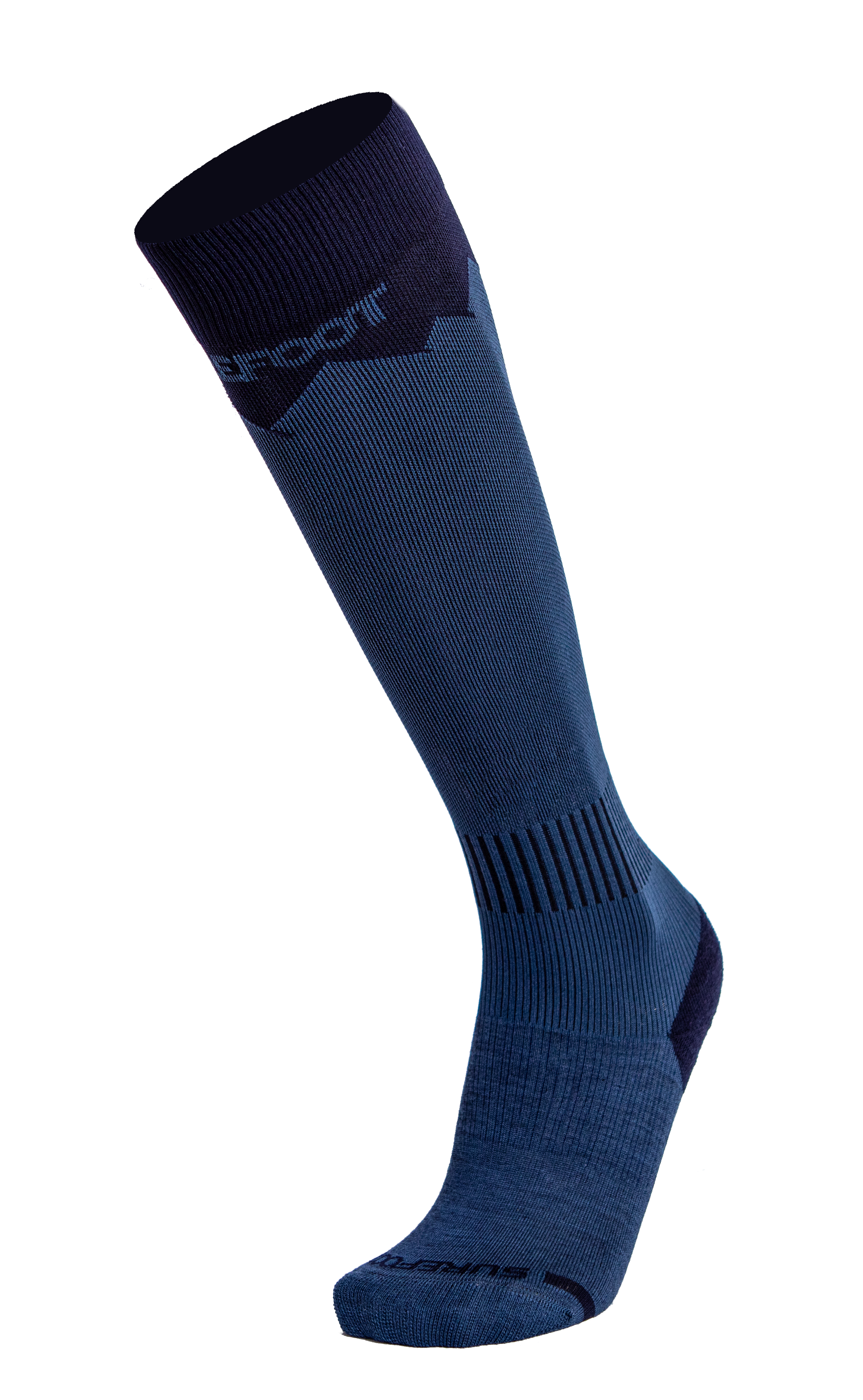 Blue knee-high sock with a brand logo on a white background