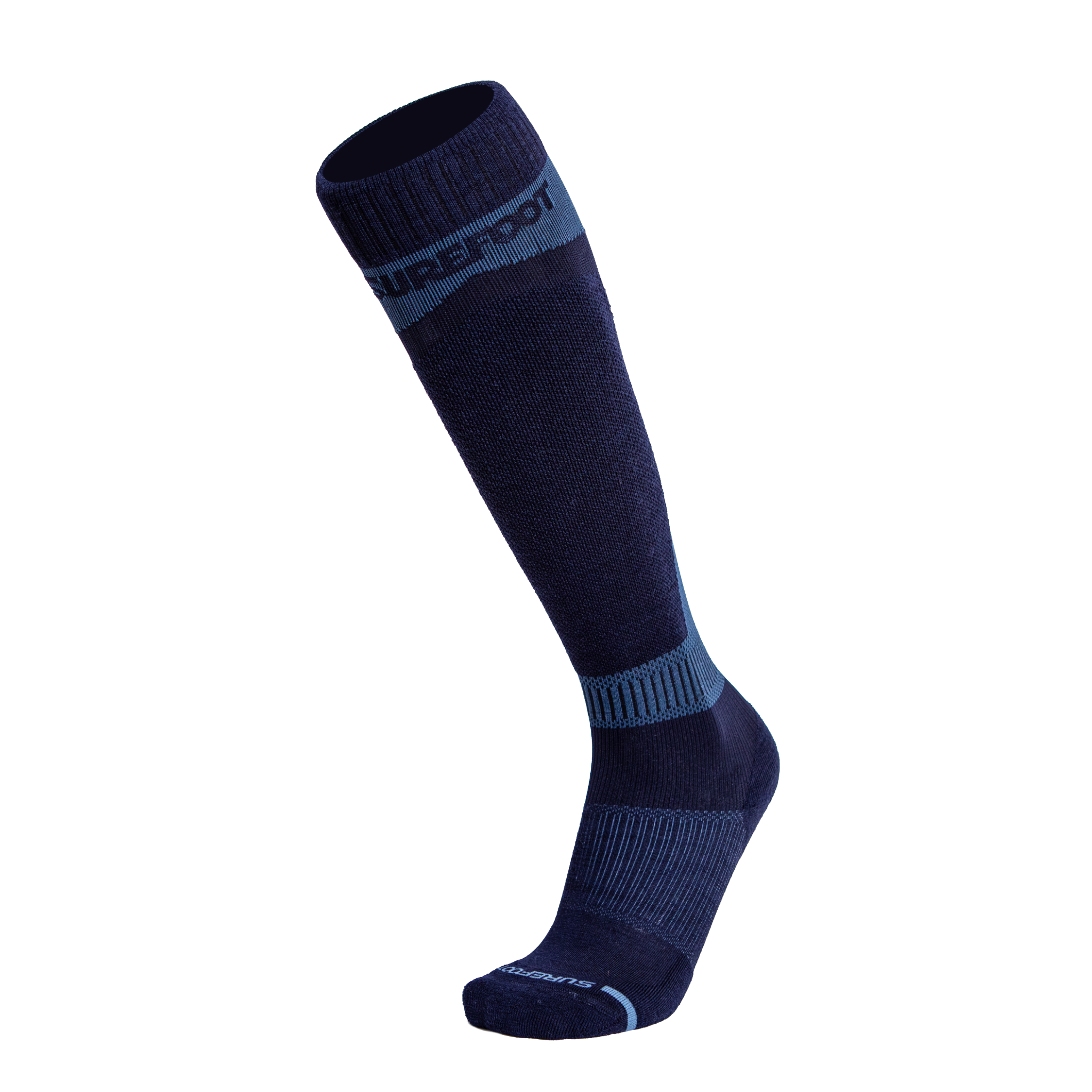 This ski sock from Surefoot has large brand writing around the calf and also above the toe box.