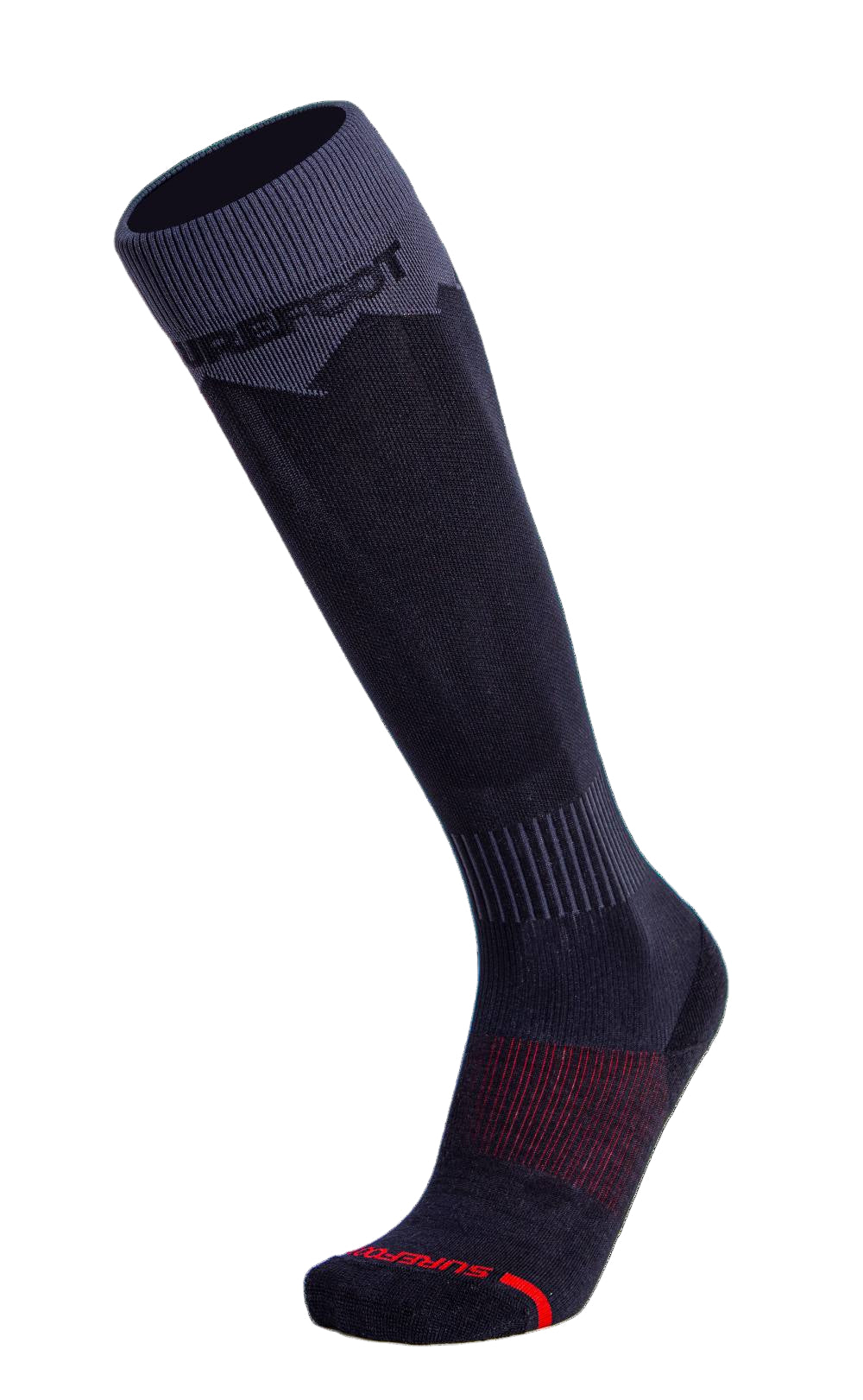 Black knee-high ski sock with red accents on a white background
