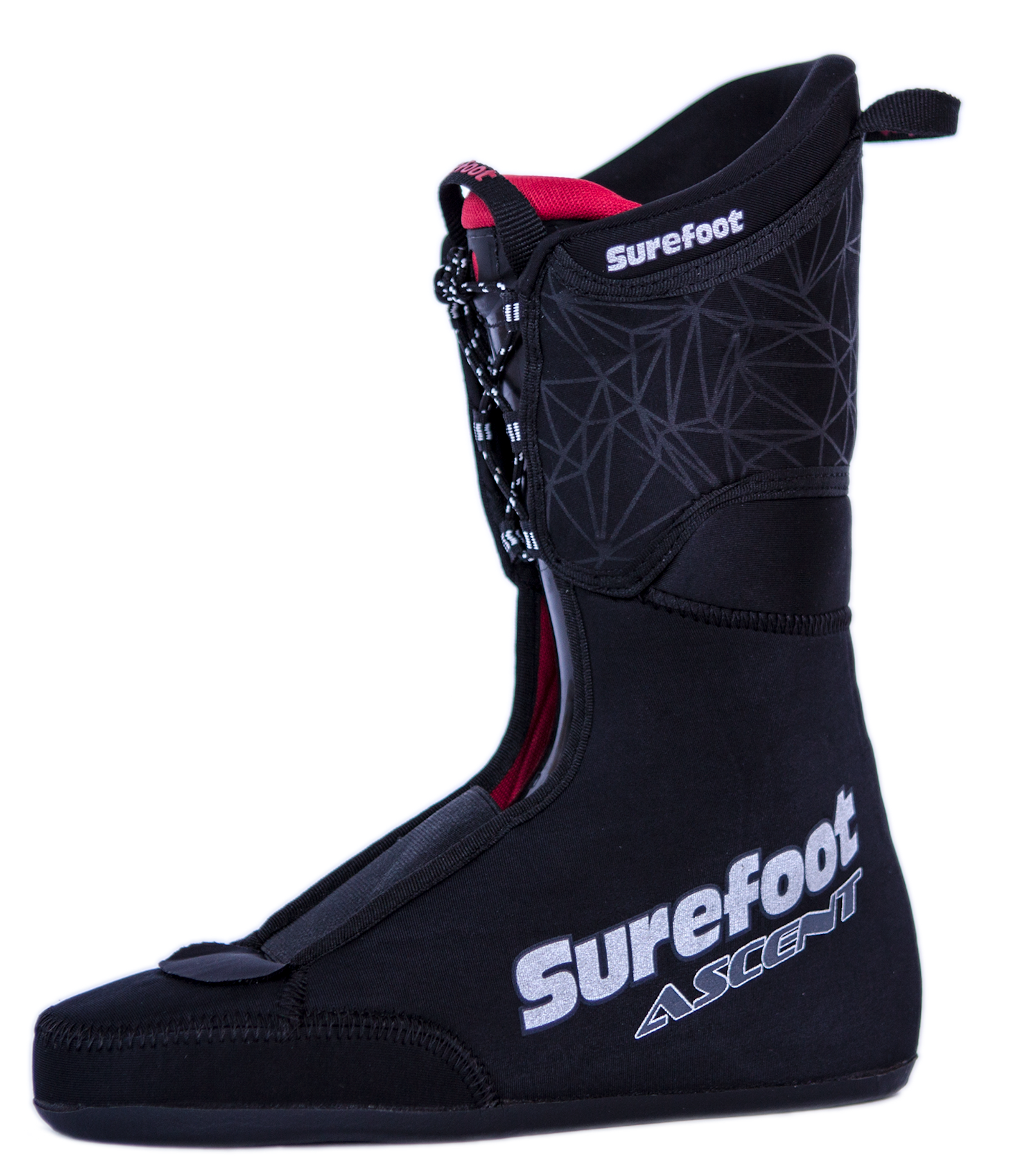 Black Surefoot Ascent Custom Alpine Touring Liner, lace up, no plastic tubes, heat molded instead of foam injected for lightweight.