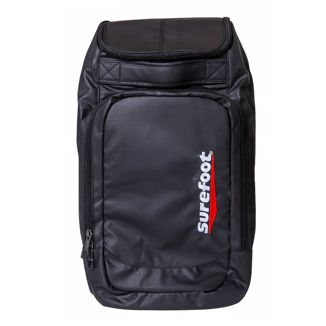 Black backpack with 'Surefoot' logo on a white background