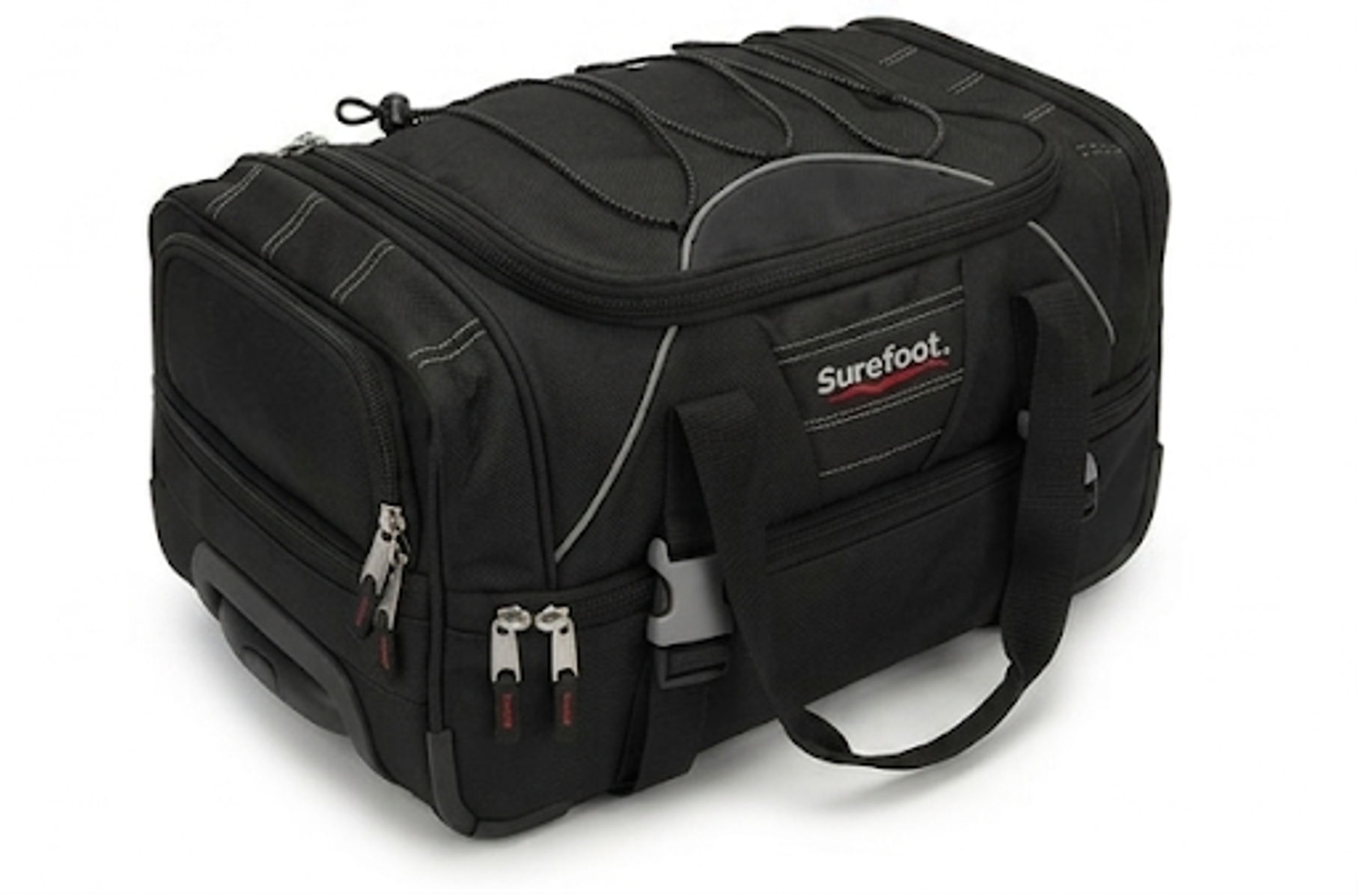 A black rolling bag with a Surefoot logo and lots of straps.