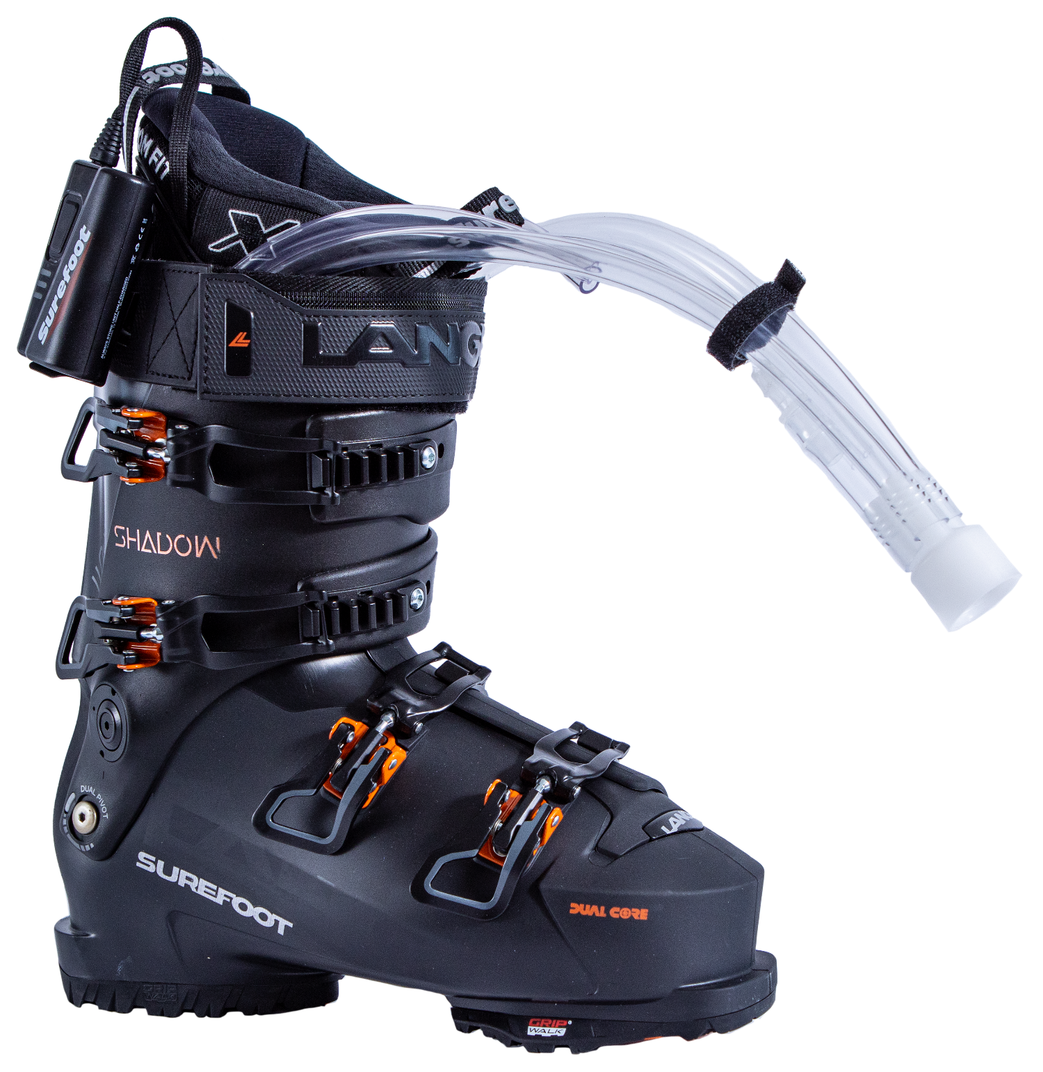 Surefoot Lange Shadow 110 LV matte black ski boot shell with orange accents on buckles and Lange logo in black on power strap, Surefoot logo in white. Plastic tubes coming out for Surefoot memory foam injection into shell lining. Winterheat ski boot heater attached to outside edge.