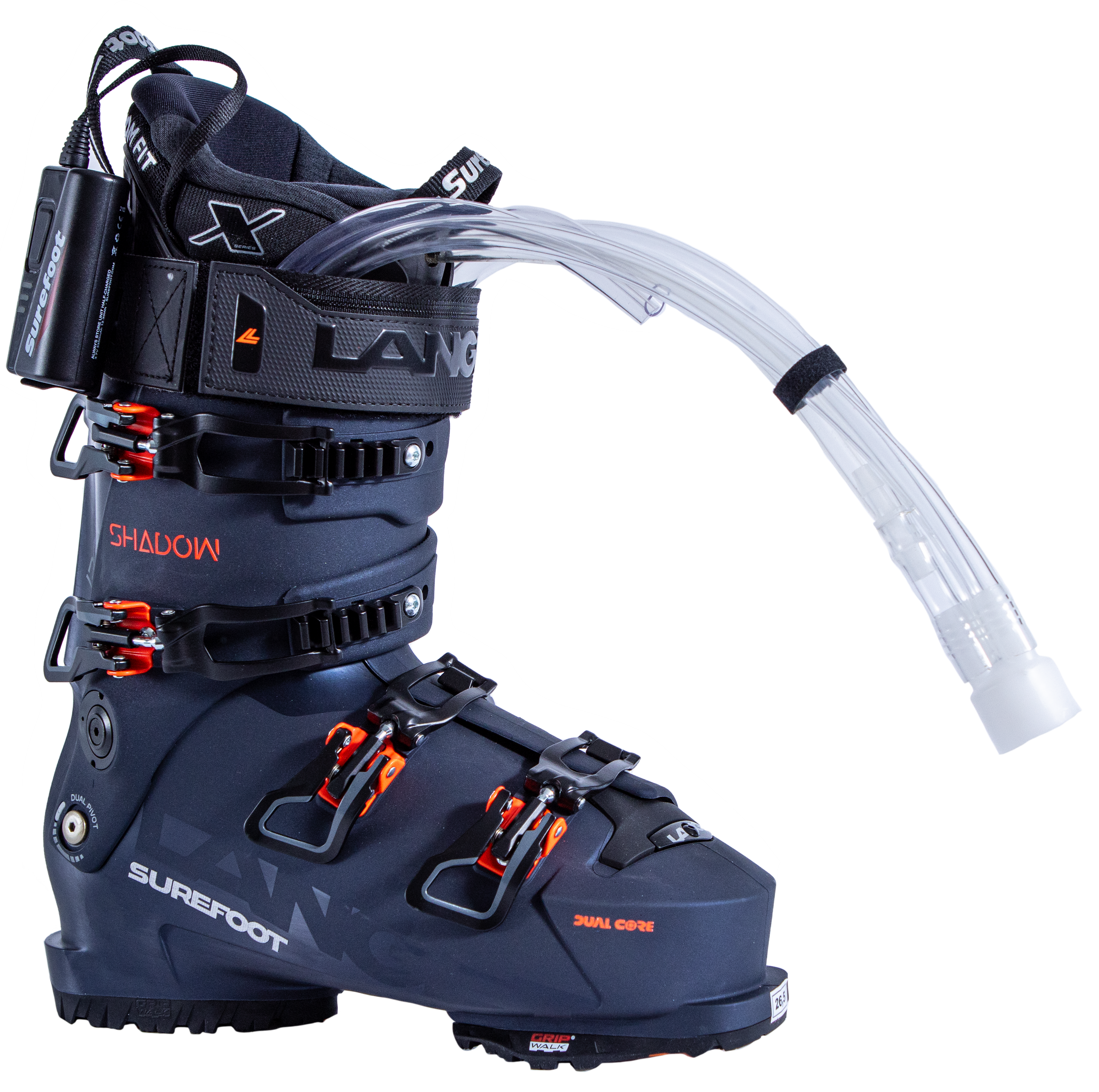 Surefoot Lange Shadow 130 LV matte blue-grey ski boot shell with orange accents on buckles and Lange logo in black on power strap, Surefoot logo in white. Plastic tubes coming out for Surefoot memory foam injection into shell lining. Winterheat ski boot heater attached to outside edge.