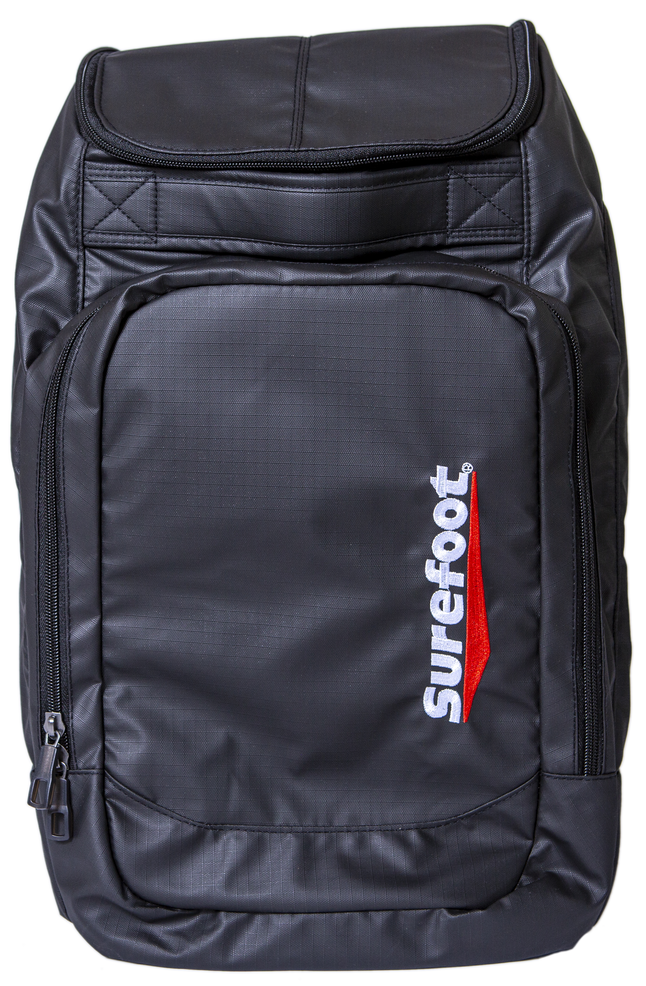 Black square backpack with Surefoot logo in white and red on right corner. Two compartments on the front and one handle.